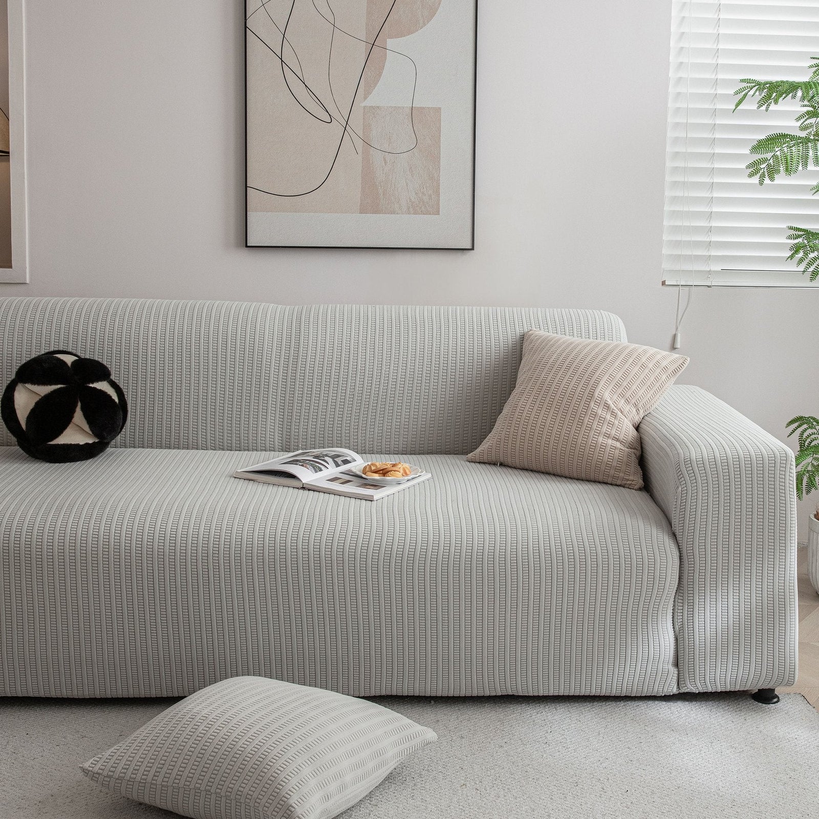 3D Grid Jacquard Sofa Cover, High Stretch Plush Waffle Couch Slipcover with Tie Straps