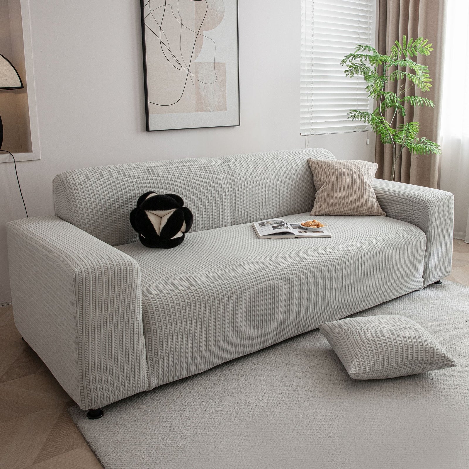 3D Grid Jacquard Sofa Cover, High Stretch Plush Waffle Couch Slipcover with Tie Straps