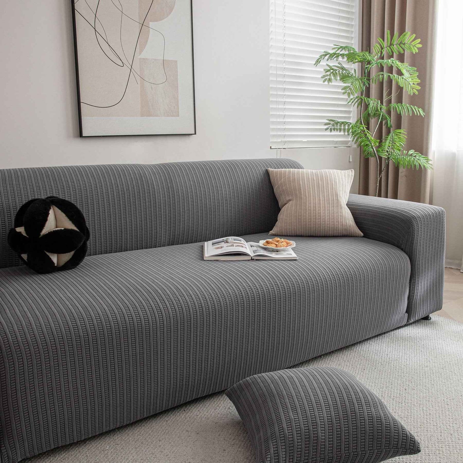3D Grid Jacquard Sofa Cover, High Stretch Plush Waffle Couch Slipcover with Tie Straps