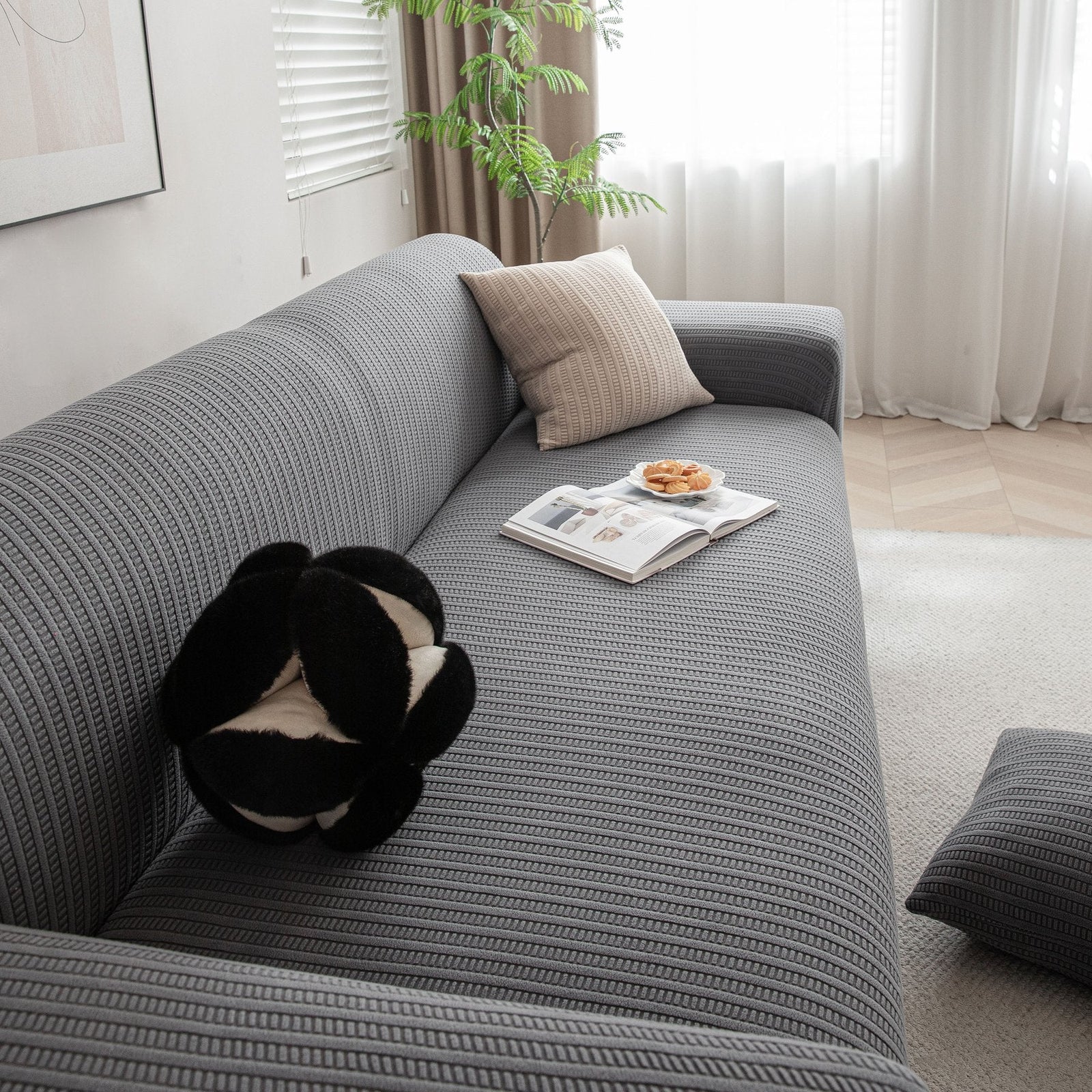 3D Grid Jacquard Sofa Cover, High Stretch Plush Waffle Couch Slipcover with Tie Straps