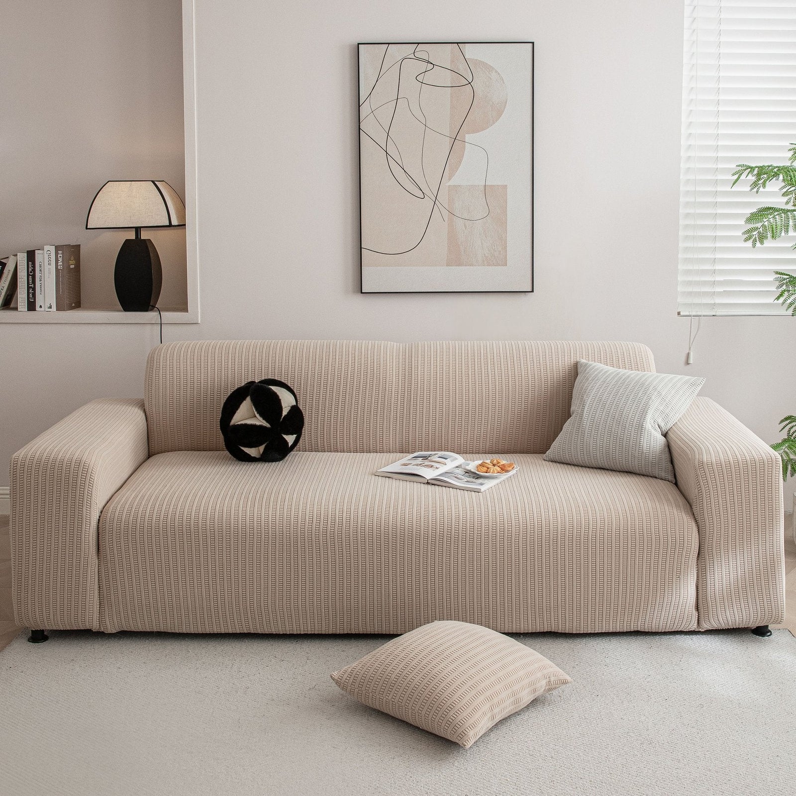 3D Grid Jacquard Sofa Cover, High Stretch Plush Waffle Couch Slipcover with Tie Straps