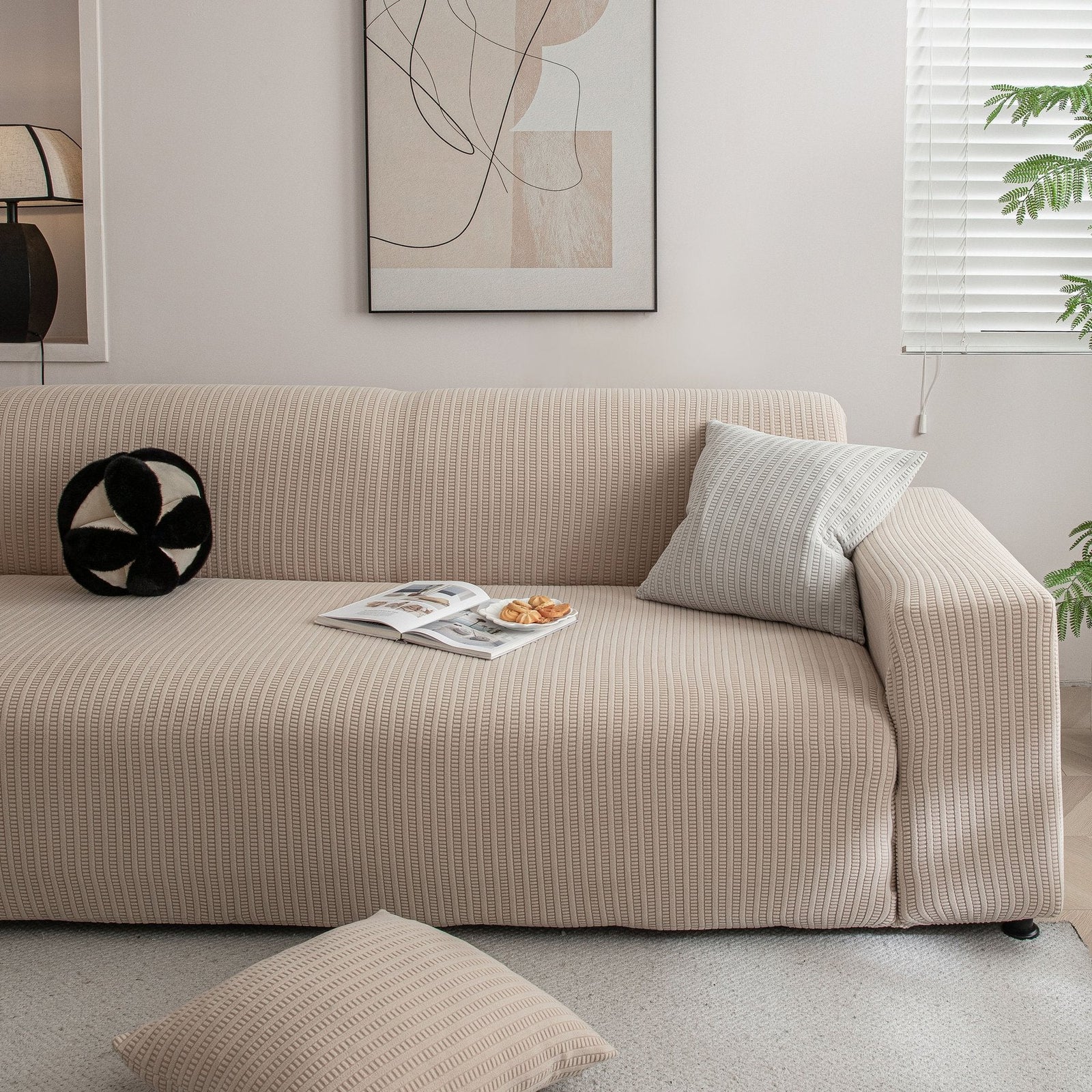 3D Grid Jacquard Sofa Cover, High Stretch Plush Waffle Couch Slipcover with Tie Straps