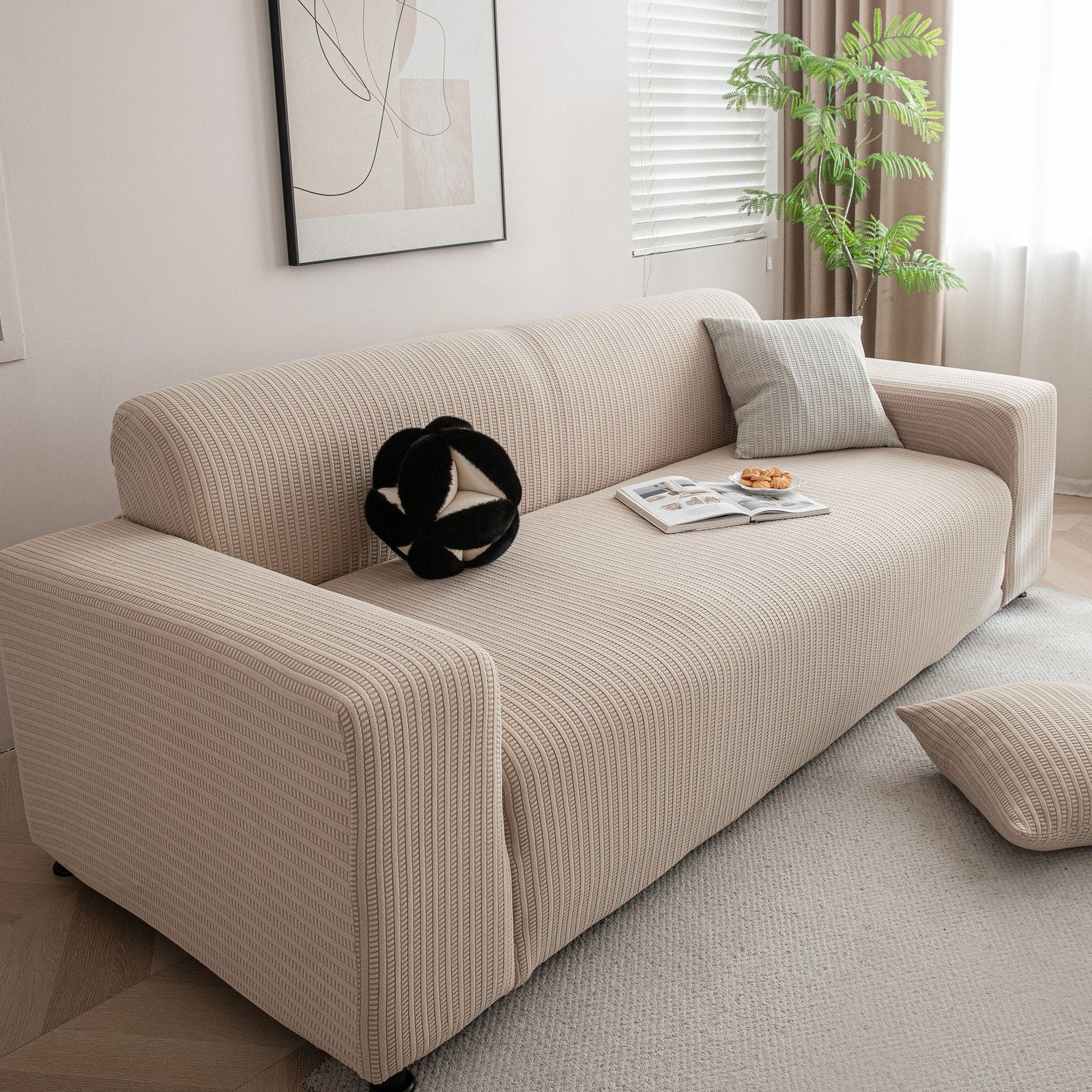 3D Grid Jacquard Sofa Cover, High Stretch Plush Waffle Couch Slipcover with Tie Straps