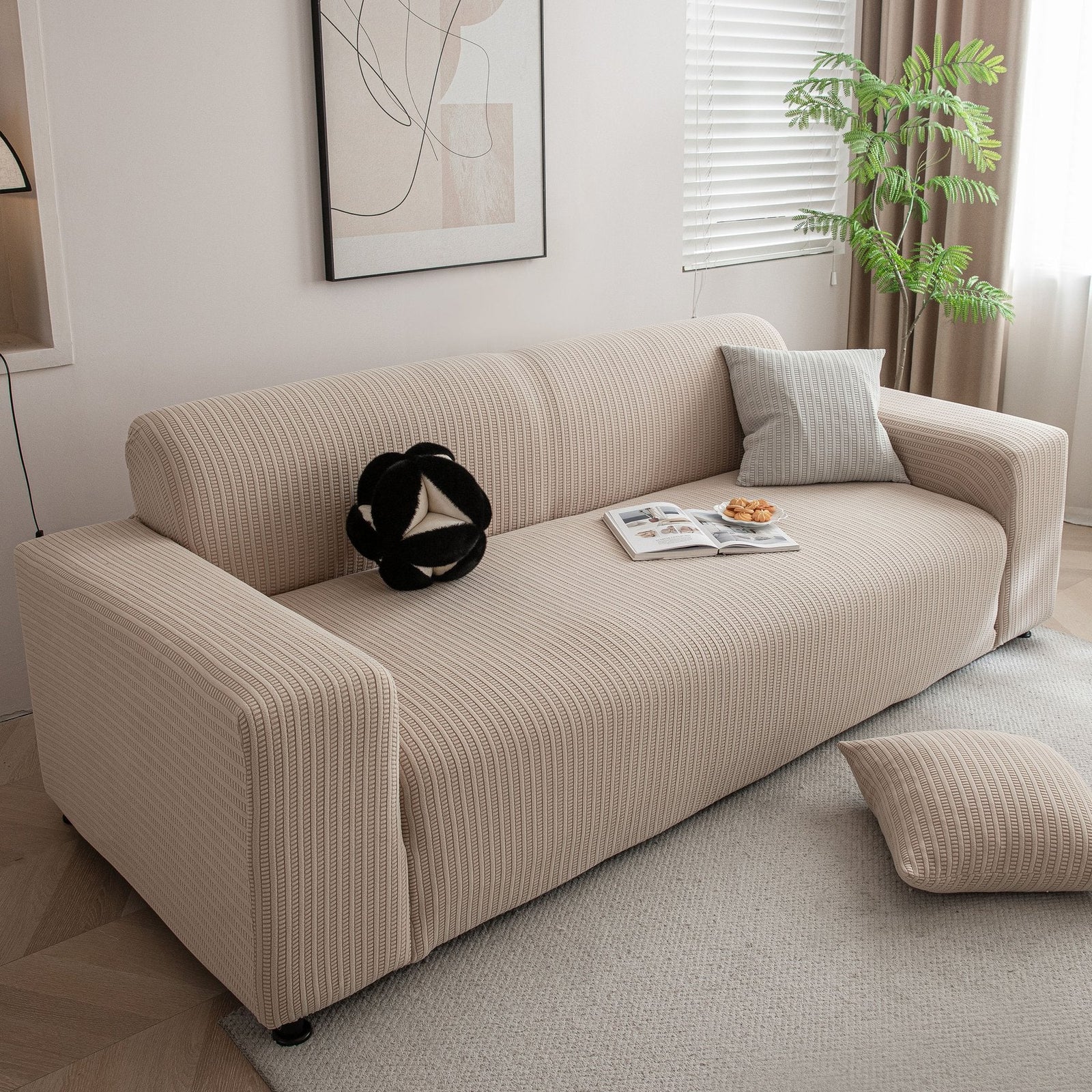 3D Grid Jacquard Sofa Cover, High Stretch Plush Waffle Couch Slipcover with Tie Straps