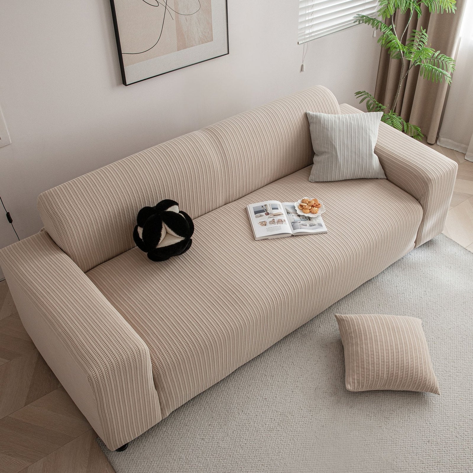 3D Grid Jacquard Sofa Cover, High Stretch Plush Waffle Couch Slipcover with Tie Straps