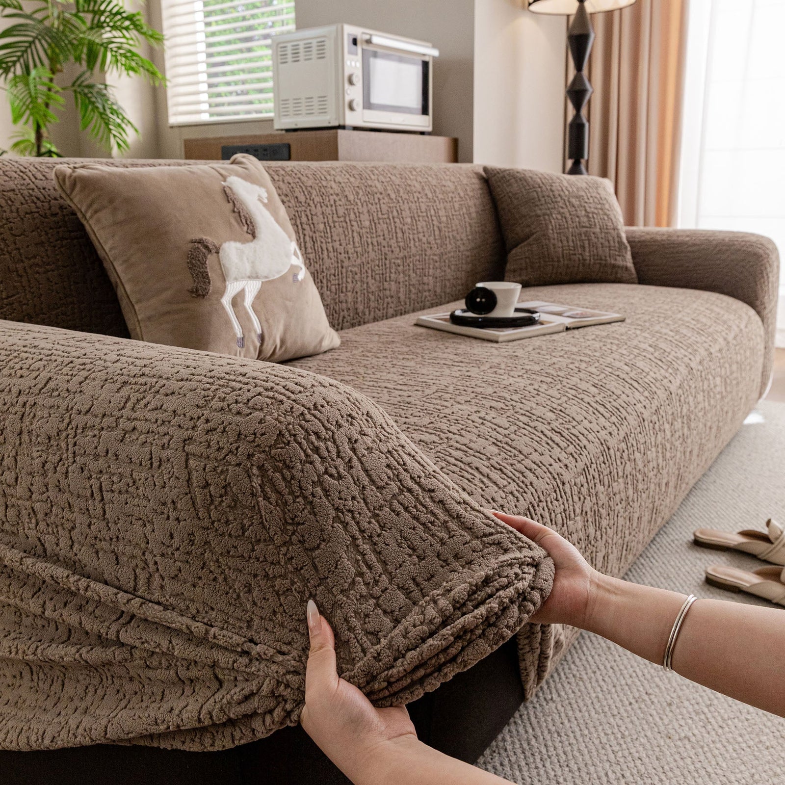 Elastic Stretch Sofa Cover Slipcover, Soft Plush Bubble Textured Jacquard Couch Cover
