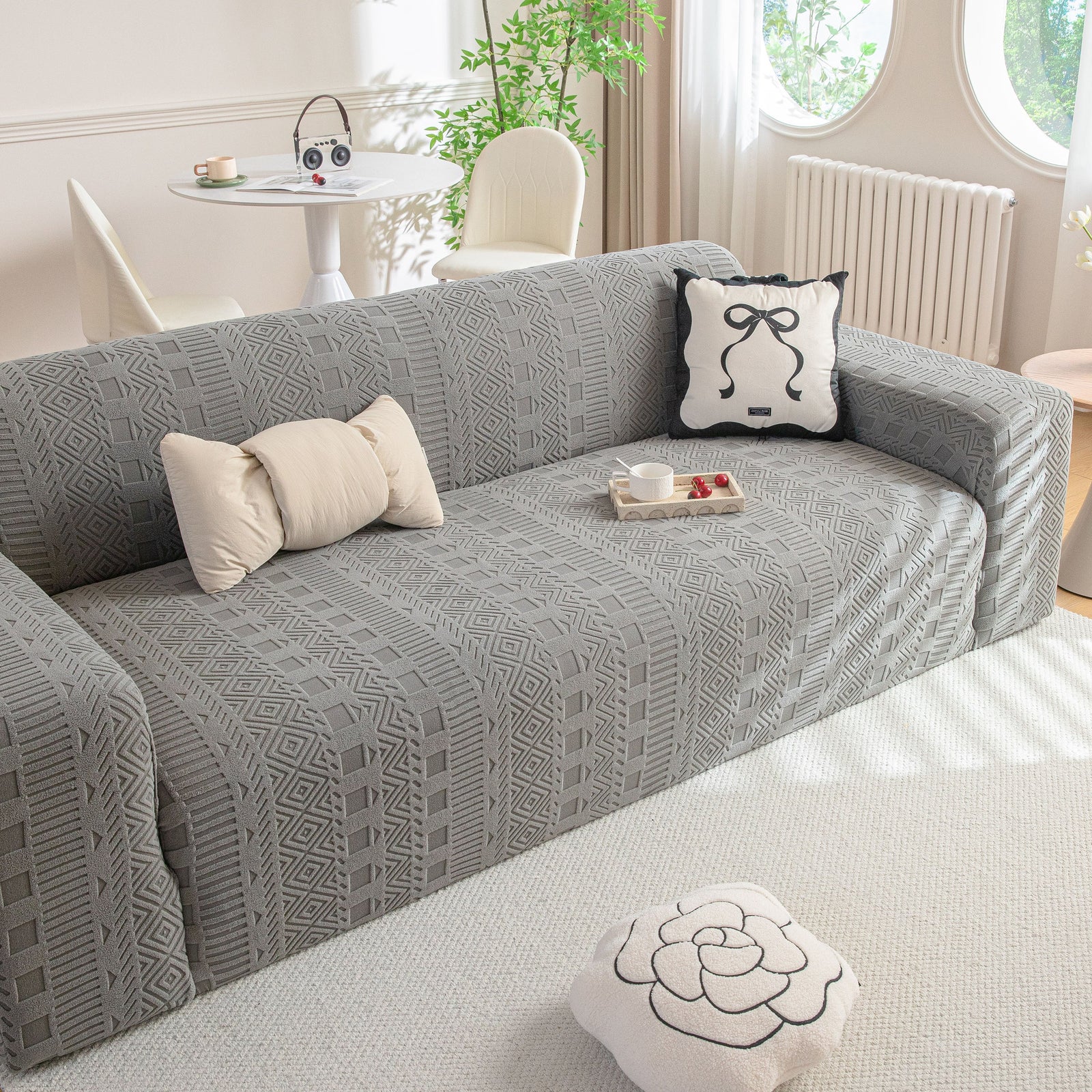 High Stretch Embossed Geometric Slipcover for Couch, Cozy Plush Fleece Couch Cover