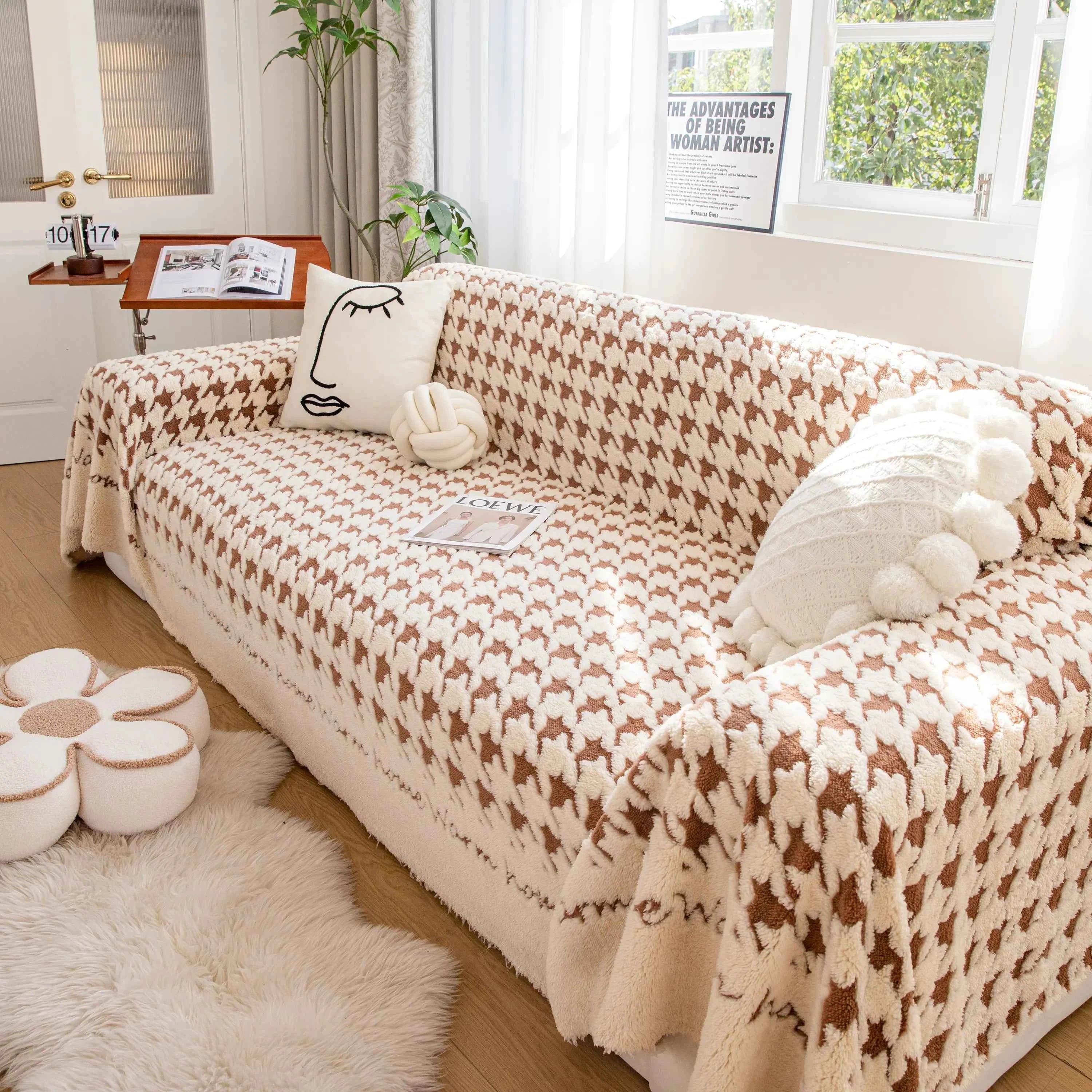Jacquard Plush Houndstooth Sofa Throw Cover, Cover Throws for Sofas, Stylish Living Room Throws