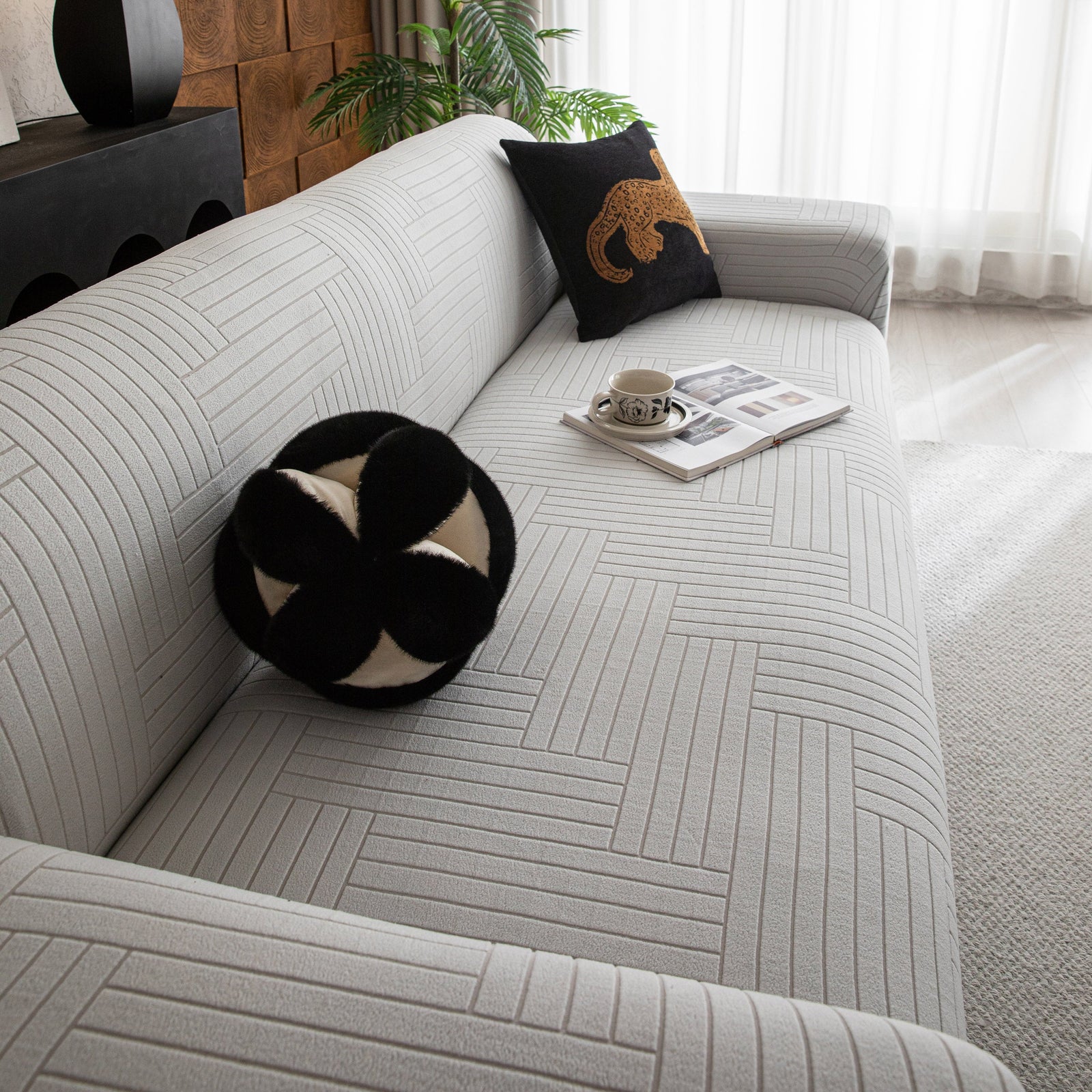 Modern Geometric Jacquard Spandex Slipcover, High Stretch Form Fitting Couch Cover