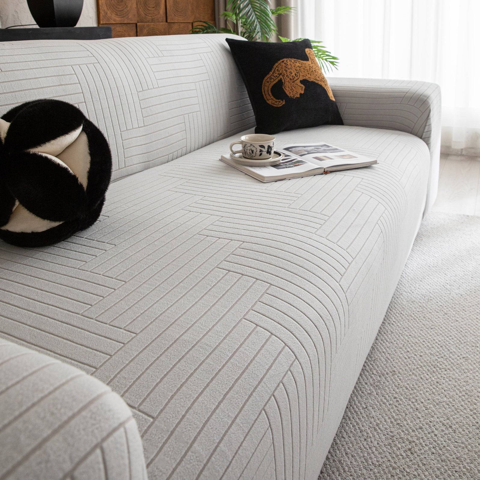 Modern Geometric Jacquard Spandex Slipcover, High Stretch Form Fitting Couch Cover