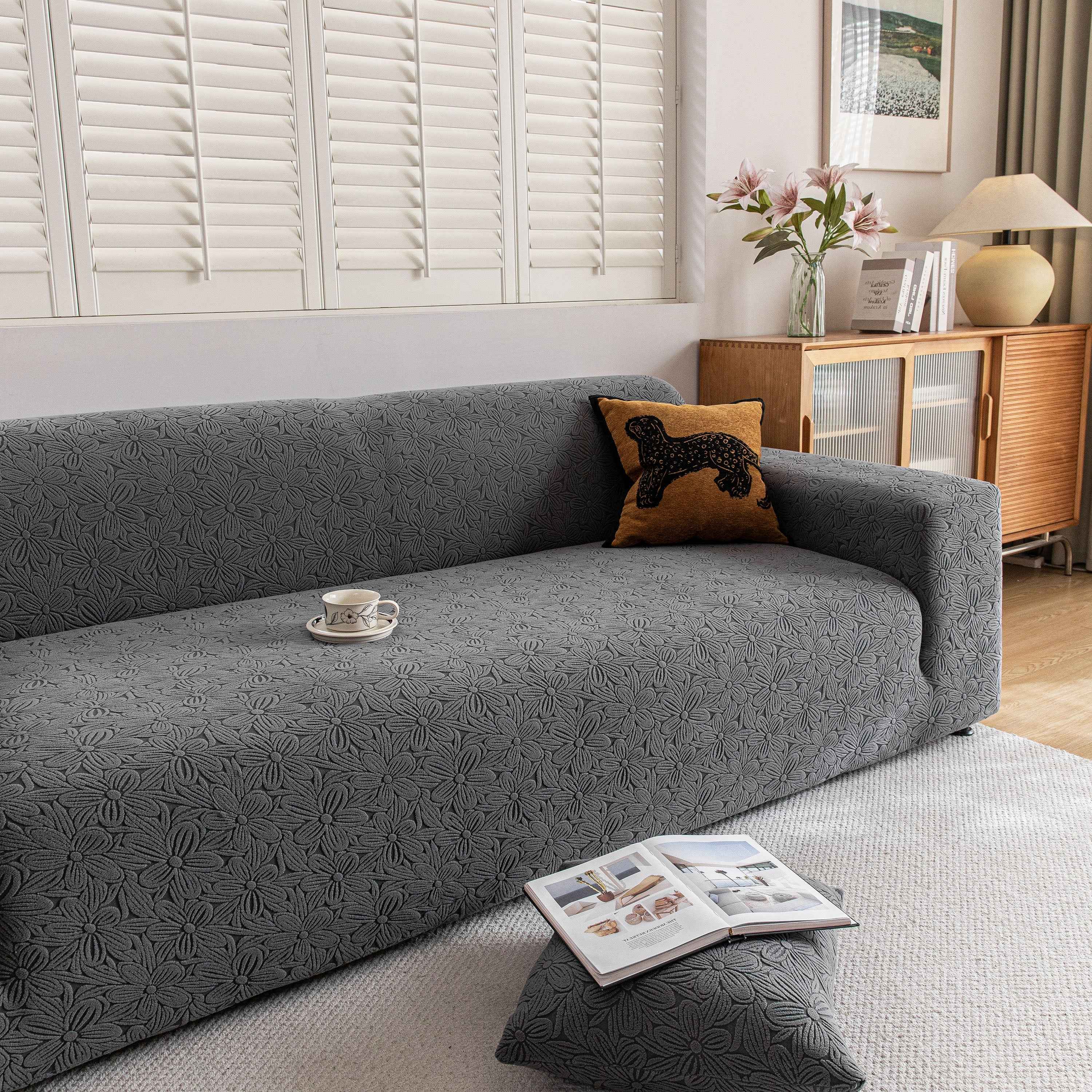 High Elastic Floral Couch Slipcover, Jacquard Stretch Non-Slip Furniture Protector