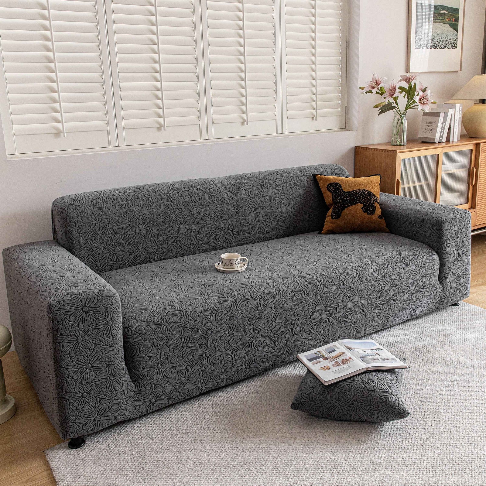 High Elastic Floral Couch Slipcover, Jacquard Stretch Non-Slip Furniture Protector