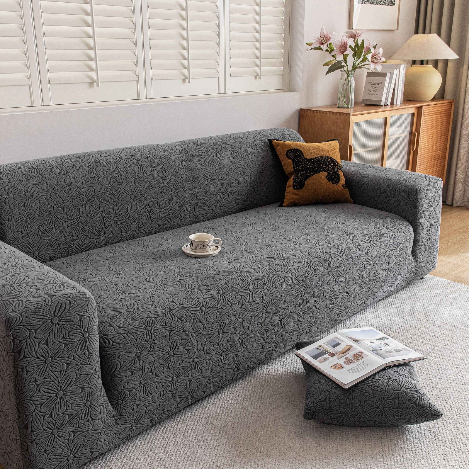 High Elastic Floral Couch Slipcover, Jacquard Stretch Non-Slip Furniture Protector