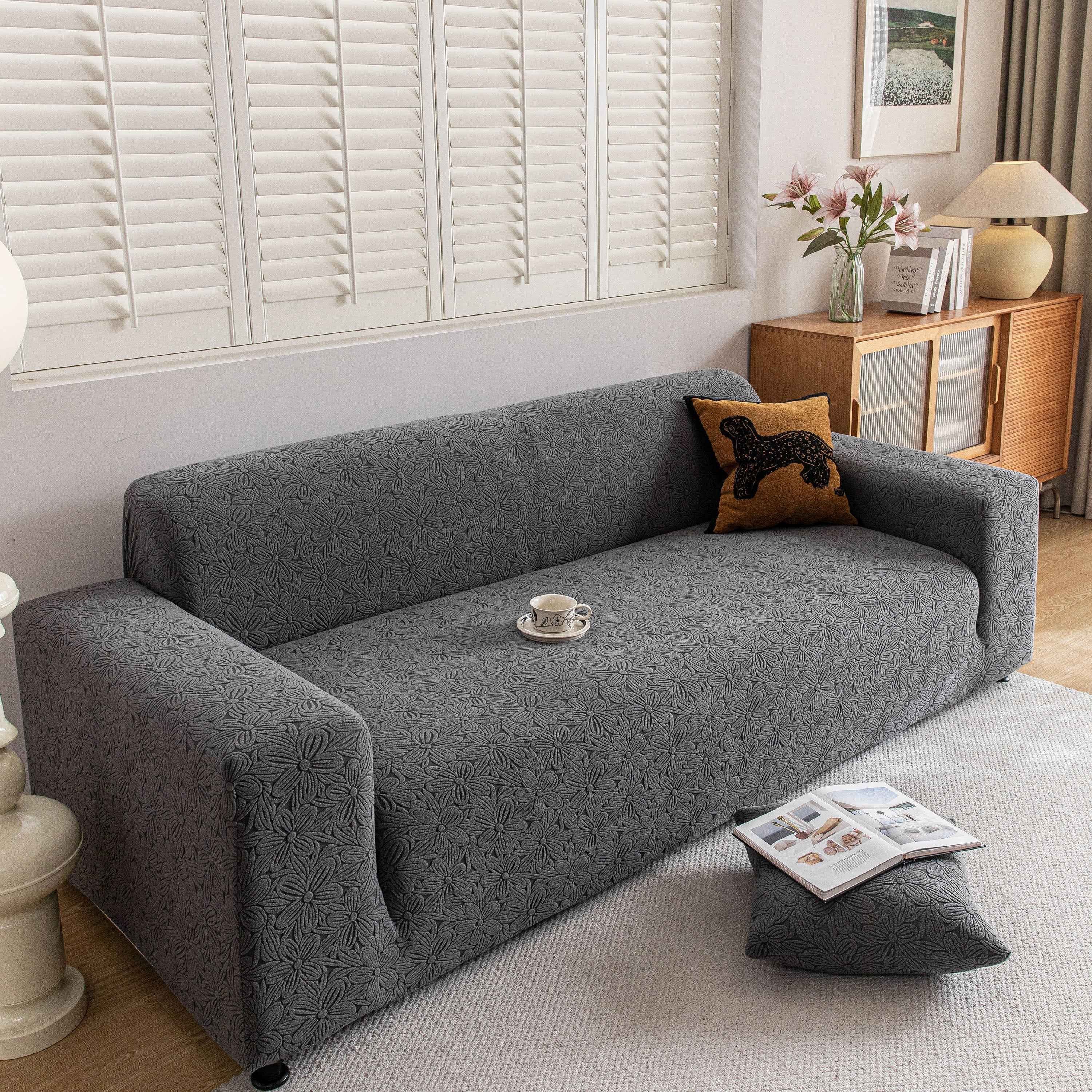 High Elastic Floral Couch Slipcover, Jacquard Stretch Non-Slip Furniture Protector