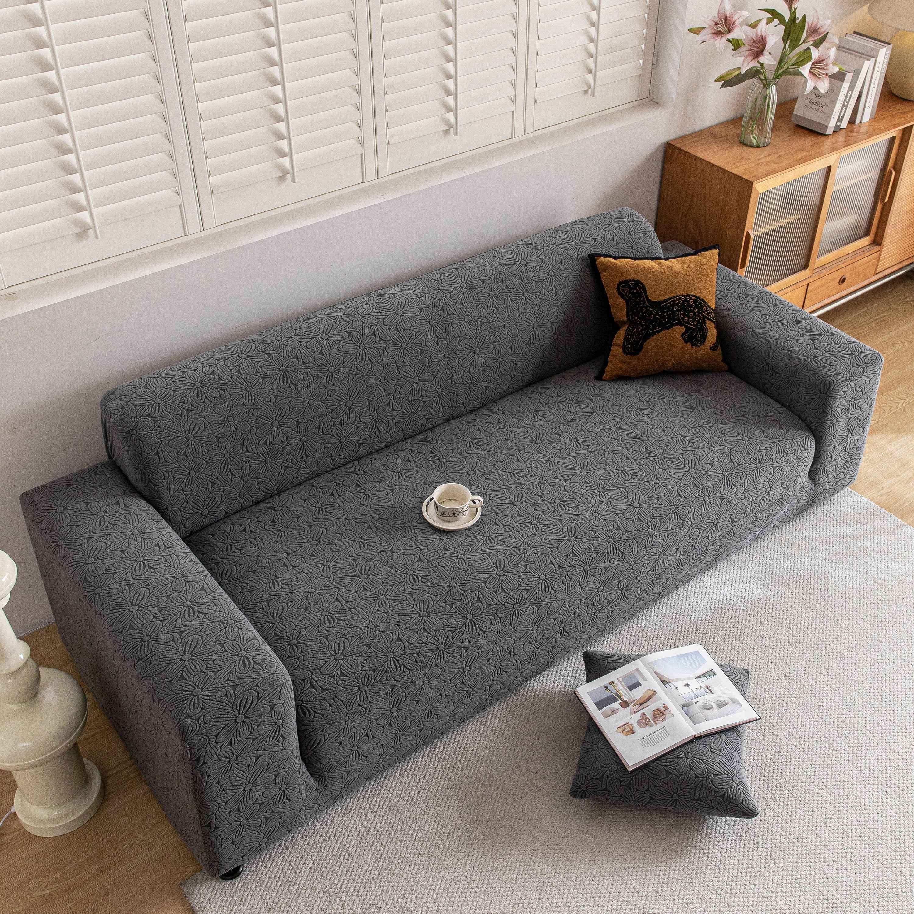 High Elastic Floral Couch Slipcover, Jacquard Stretch Non-Slip Furniture Protector