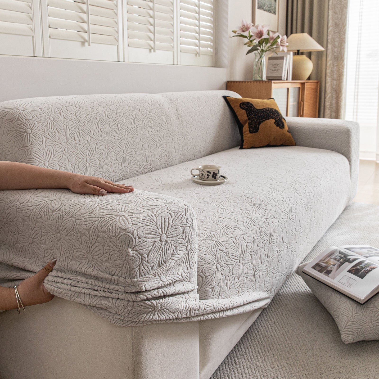 High Elastic Floral Couch Slipcover, Jacquard Stretch Non-Slip Furniture Protector