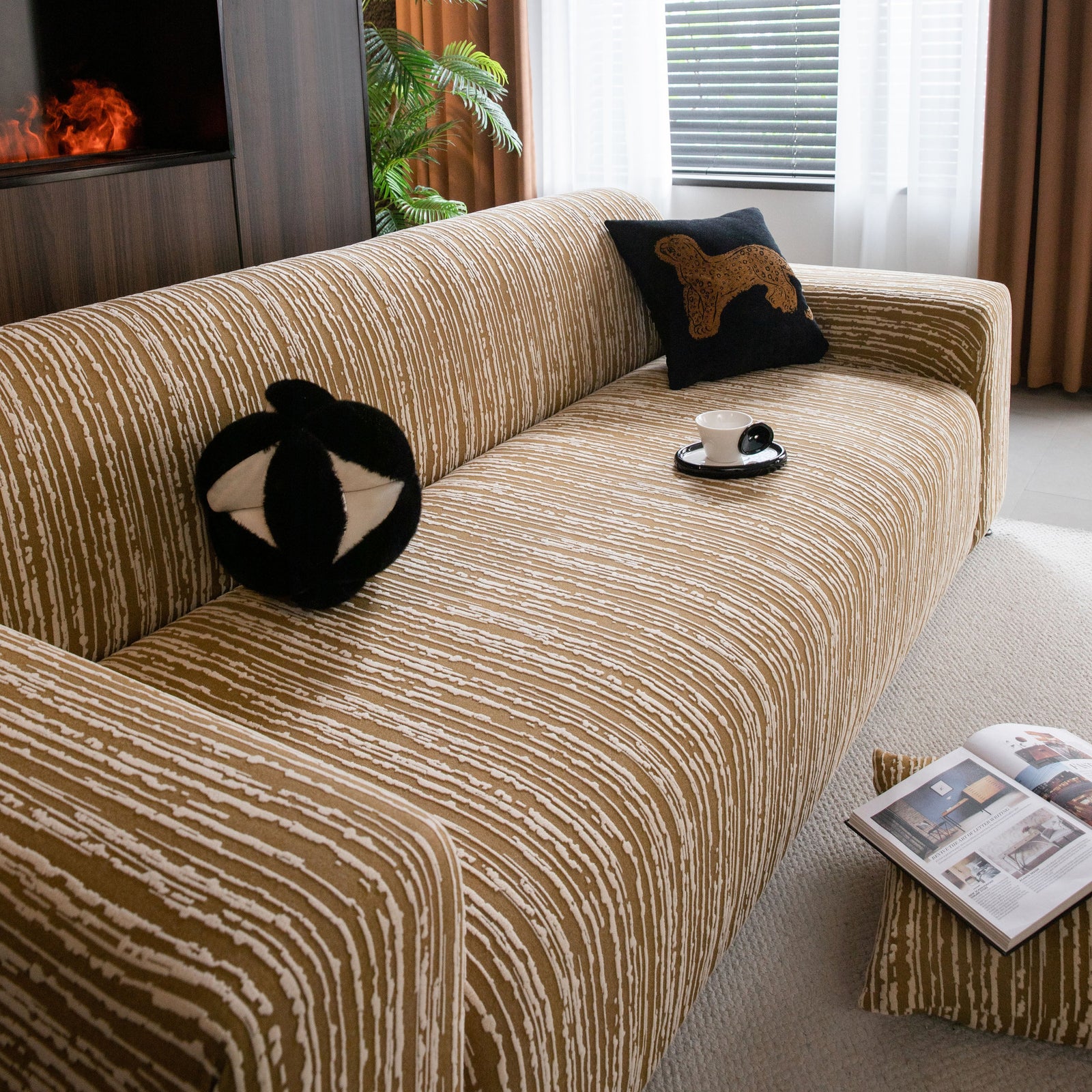 High Stretch Couch Slipcover with Abstract Stripe, Washable Non-Slip Cover for Dogs