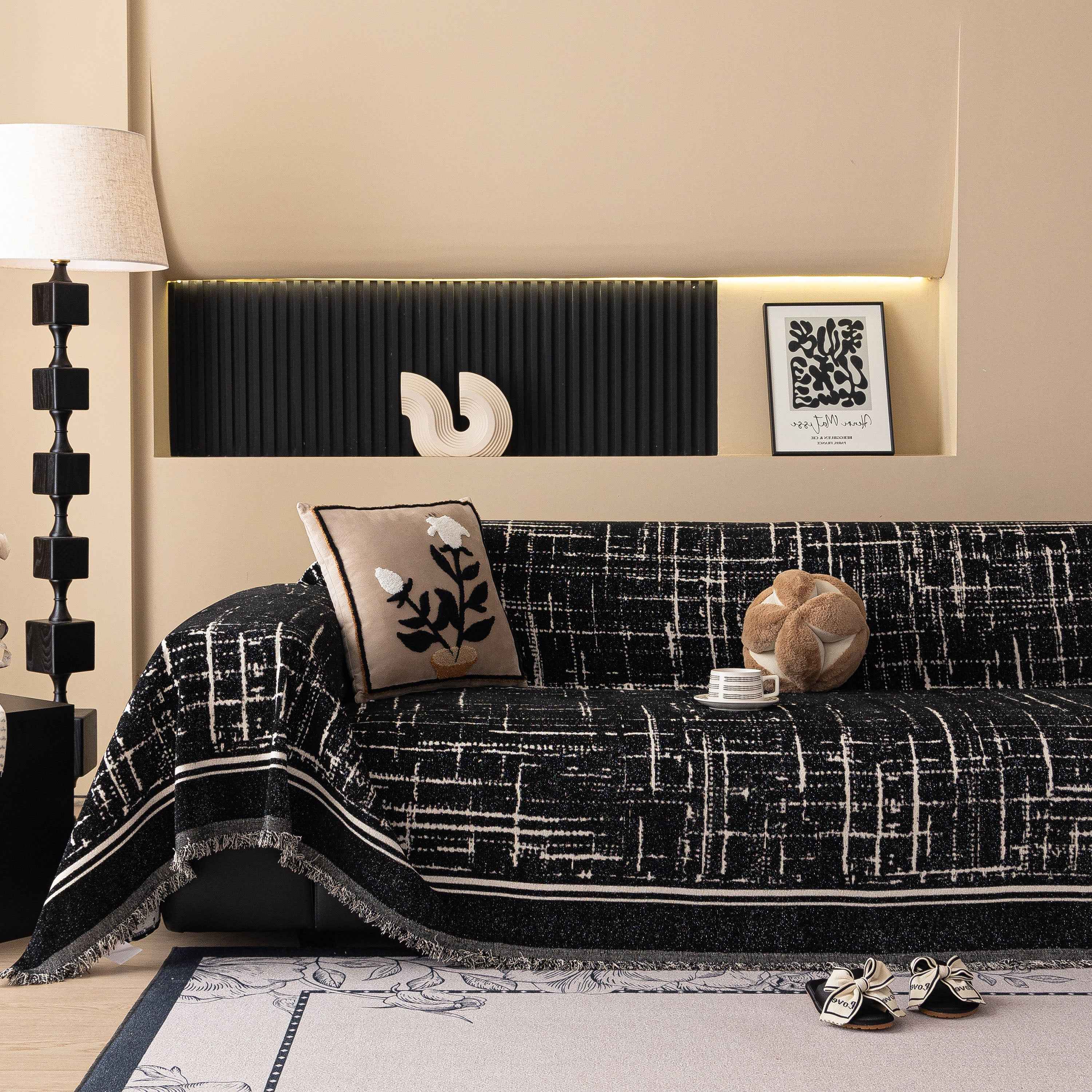 Modern Couch Protector Blanket Woven Chenille Sofa Cover Throw with Artistic Grid