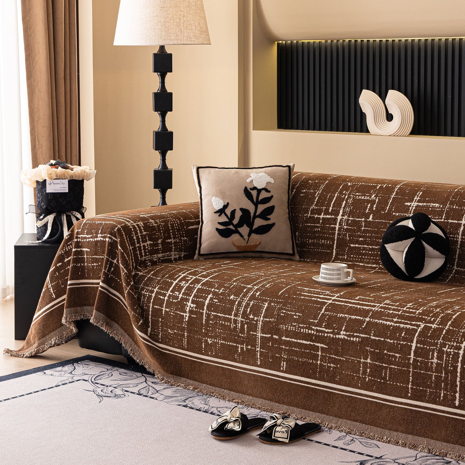 Modern Couch Protector Blanket Woven Chenille Sofa Cover Throw with Artistic Grid