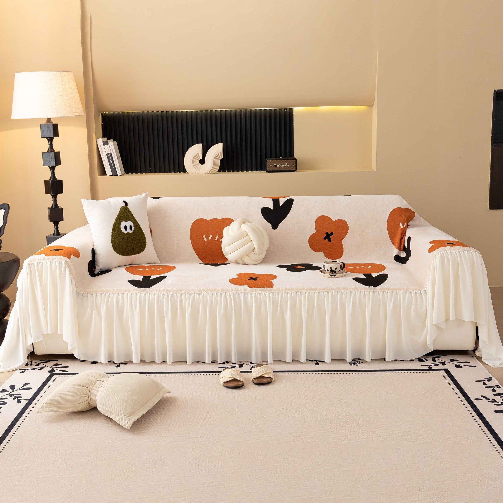 Retro Floral Sofa Cover with Sheer Ruffle Skirt, Decorative Sofa Protector Cover