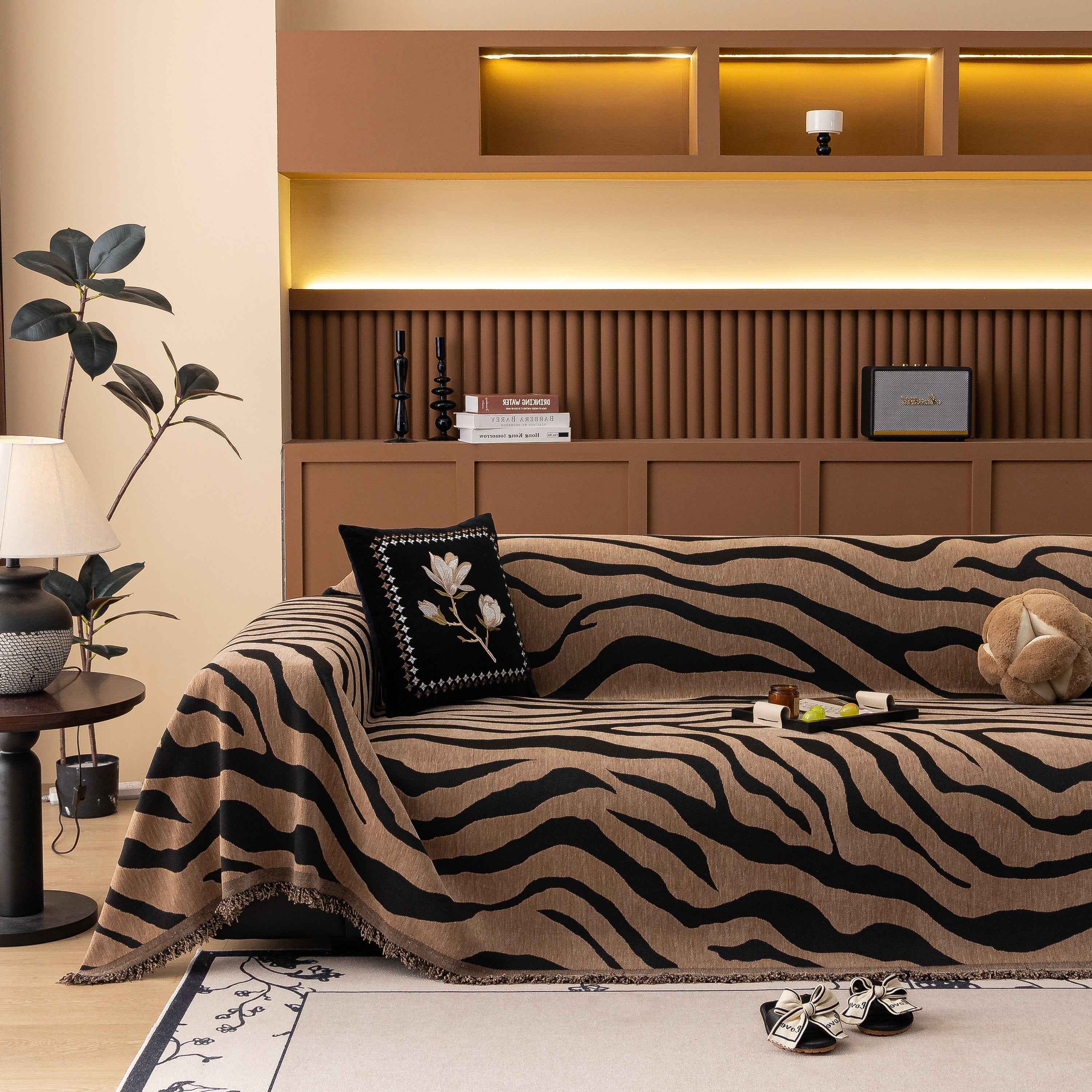 Zebra Striped Chenille Throw Sofa Cover Full-Cover Decorative Furniture Slipcover