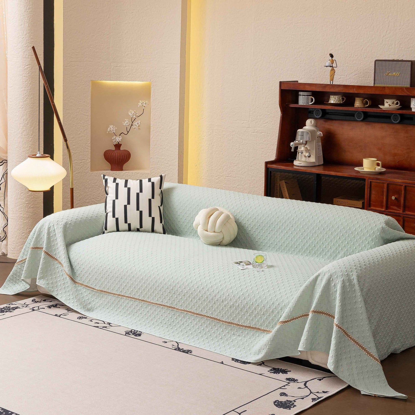 Jacquard Ice Silk Sofa Throw Cover with Gold Trim, Summer Cooling Couch Slipcover
