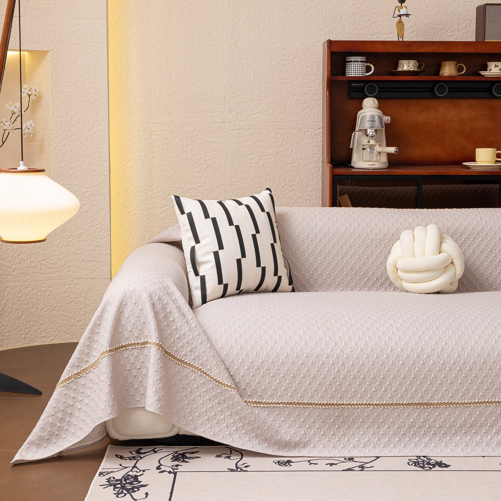Jacquard Ice Silk Sofa Throw Cover with Gold Trim, Summer Cooling Couch Slipcover