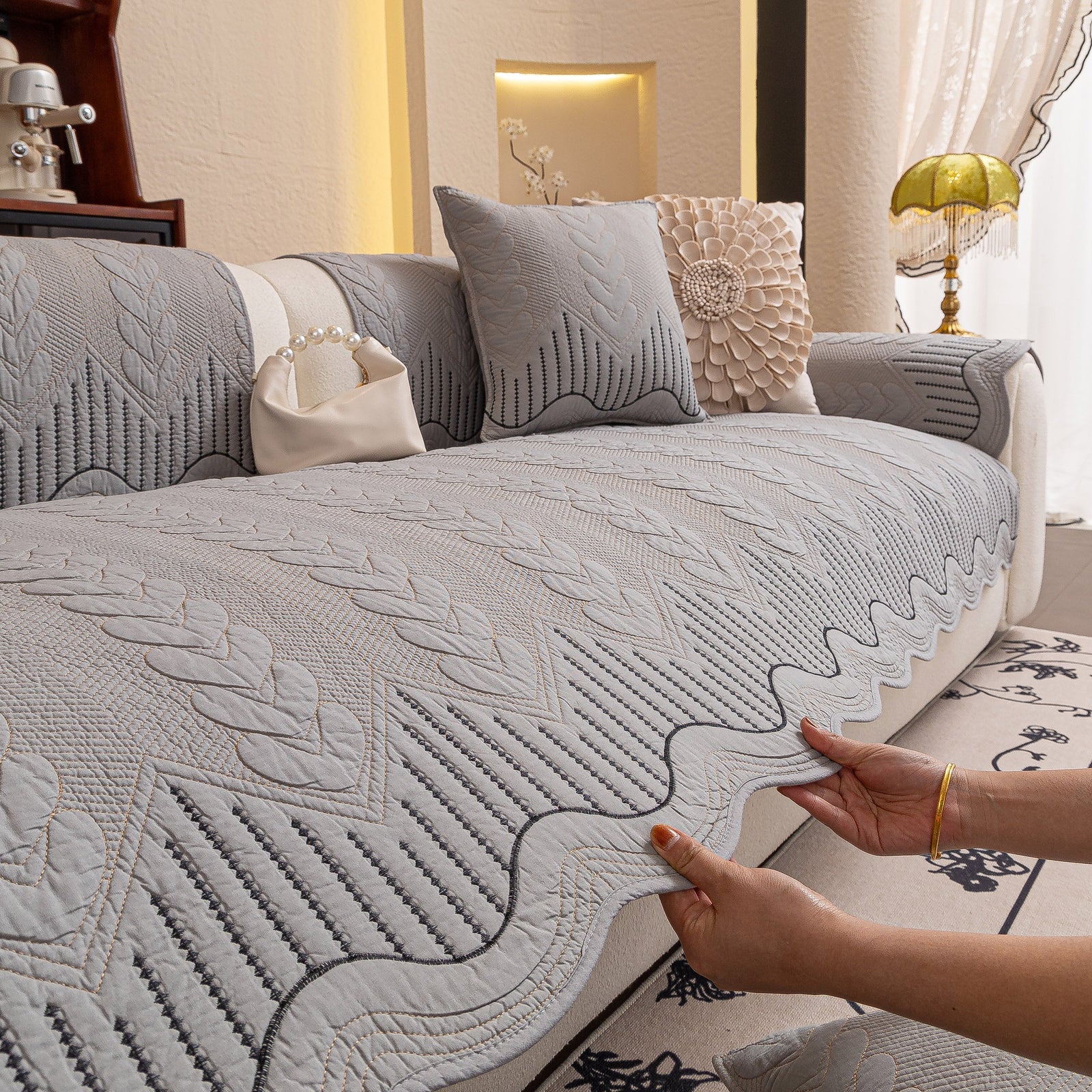 3D Quilted Thick Cotton Sofa Cover Non-Slip Couch Throw for Fabric & Leather Sofas