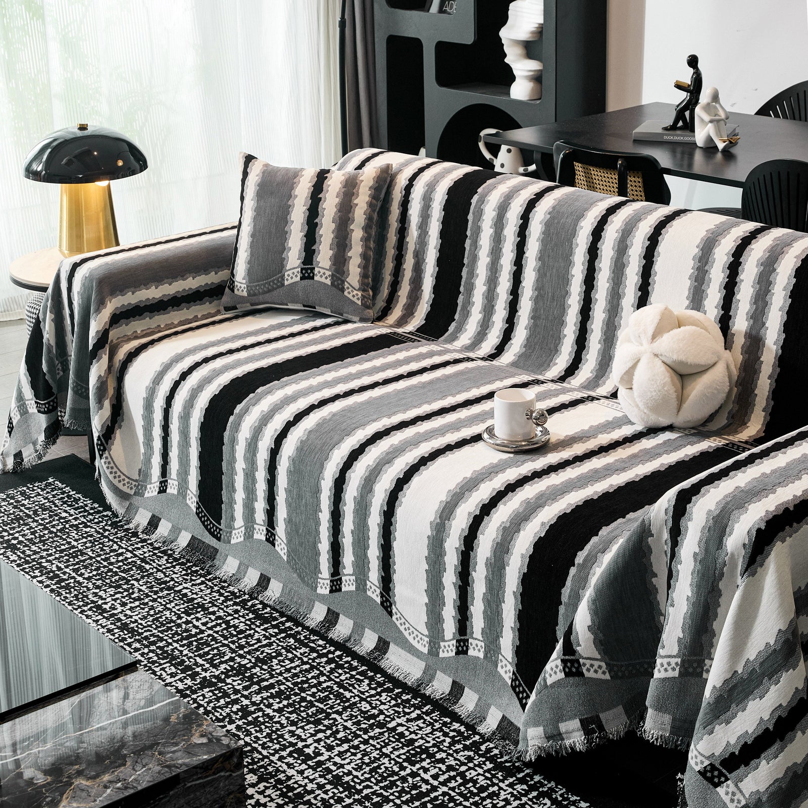 Striped Chenille Sofa Throw Covers, Boho Style Cozy Couch Protector Blanket