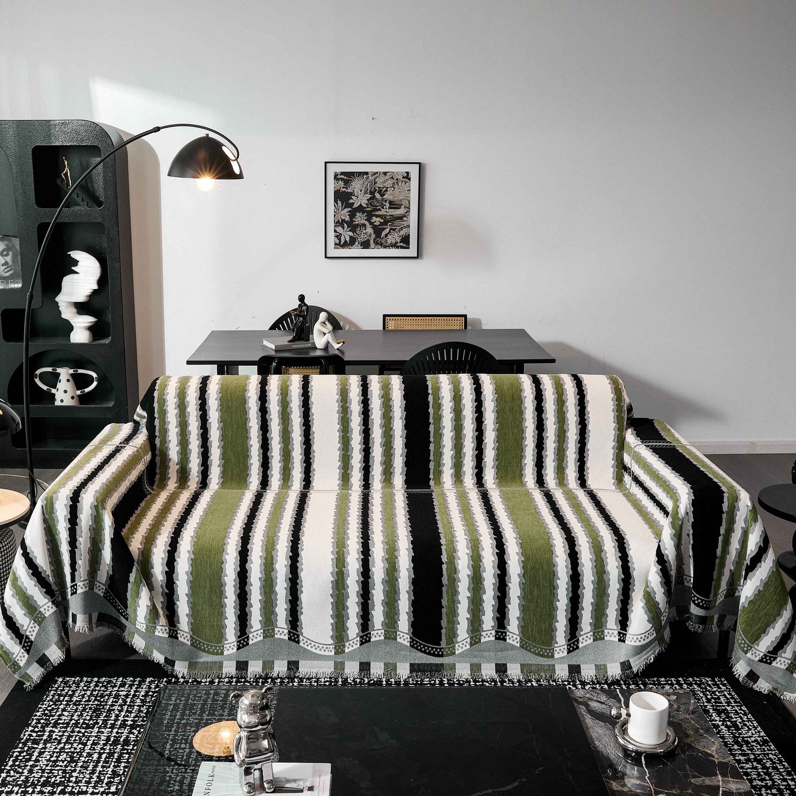 Striped Chenille Sofa Throw Covers, Boho Style Cozy Couch Protector Blanket