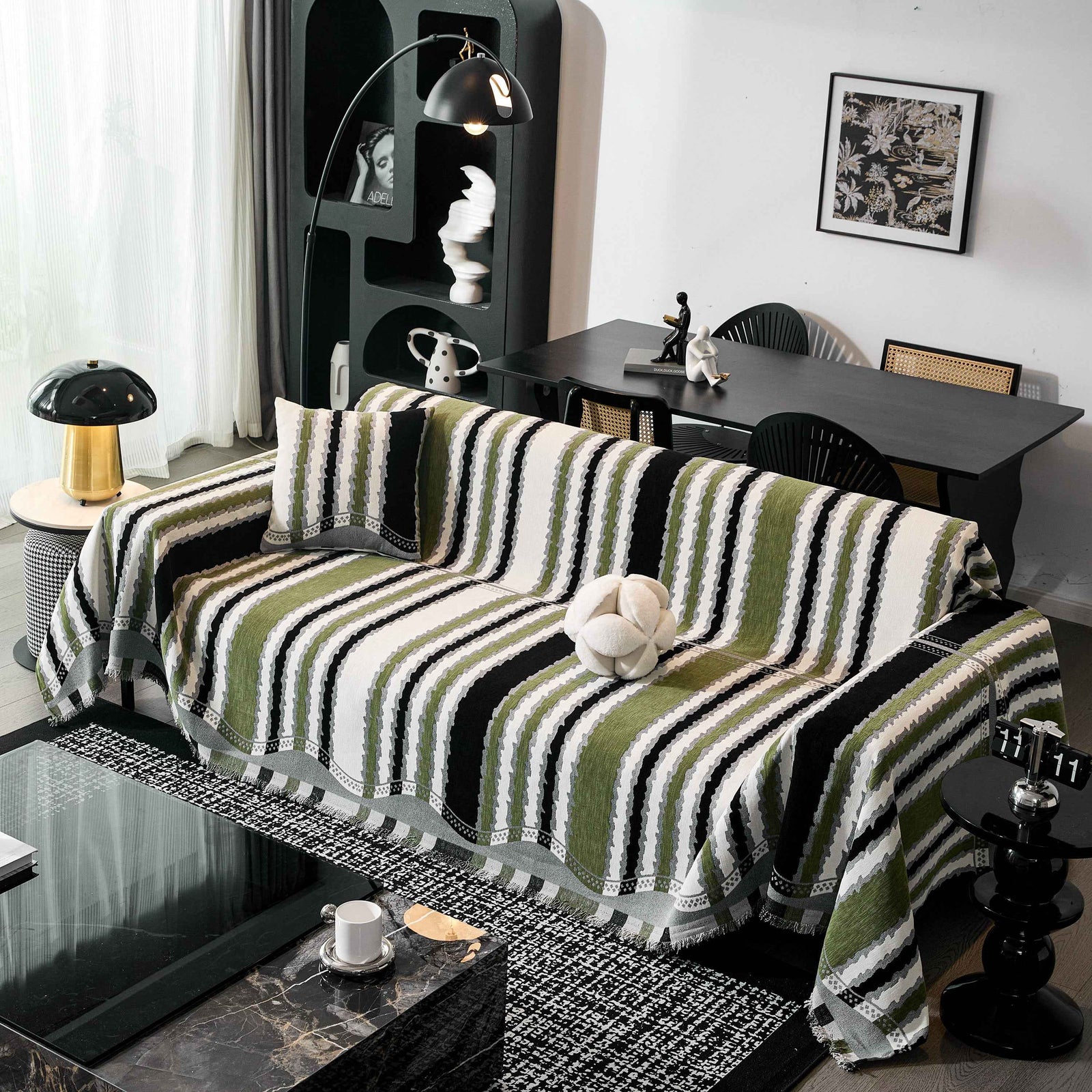 Striped Chenille Sofa Throw Covers, Boho Style Cozy Couch Protector Blanket