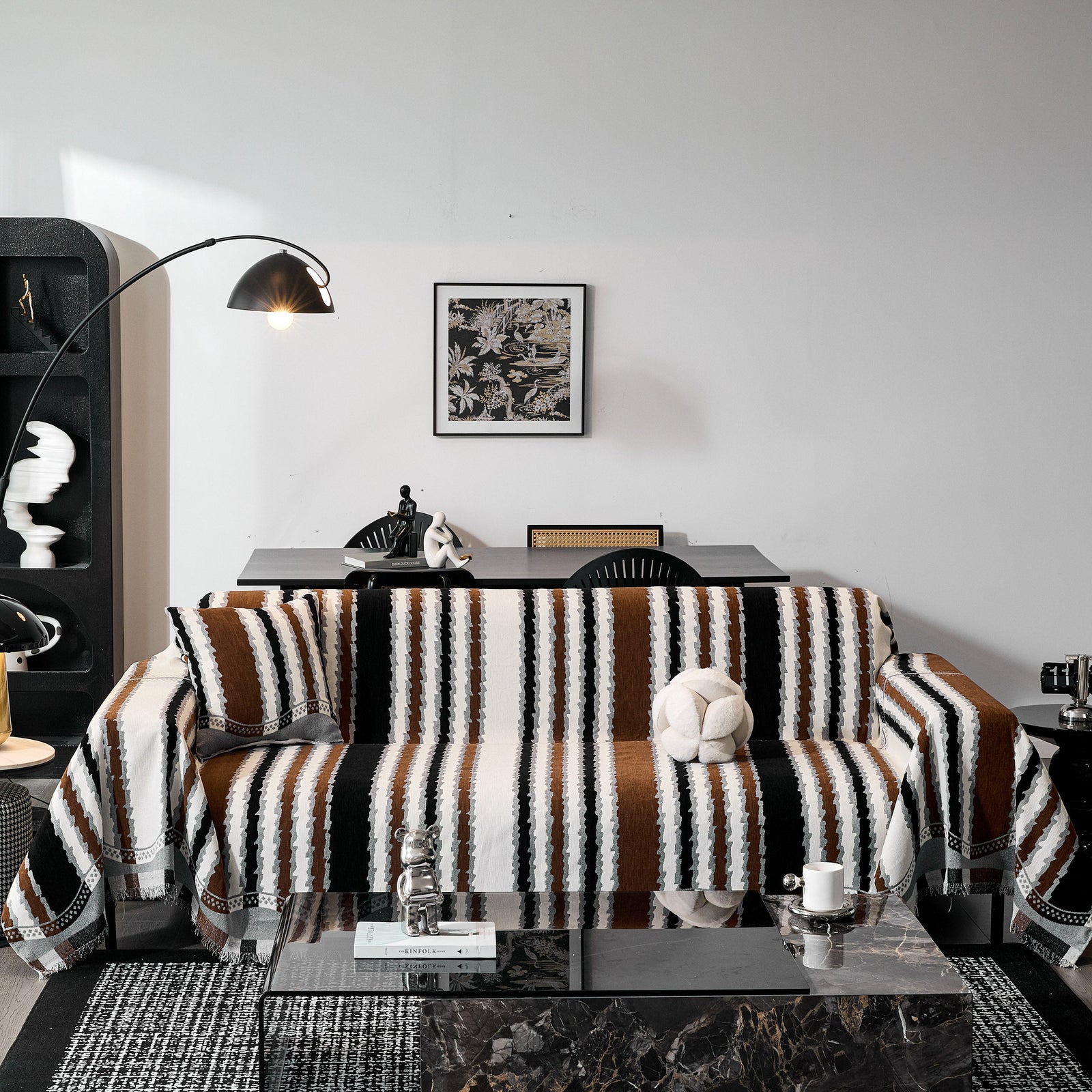 Striped Chenille Sofa Throw Covers, Boho Style Cozy Couch Protector Blanket