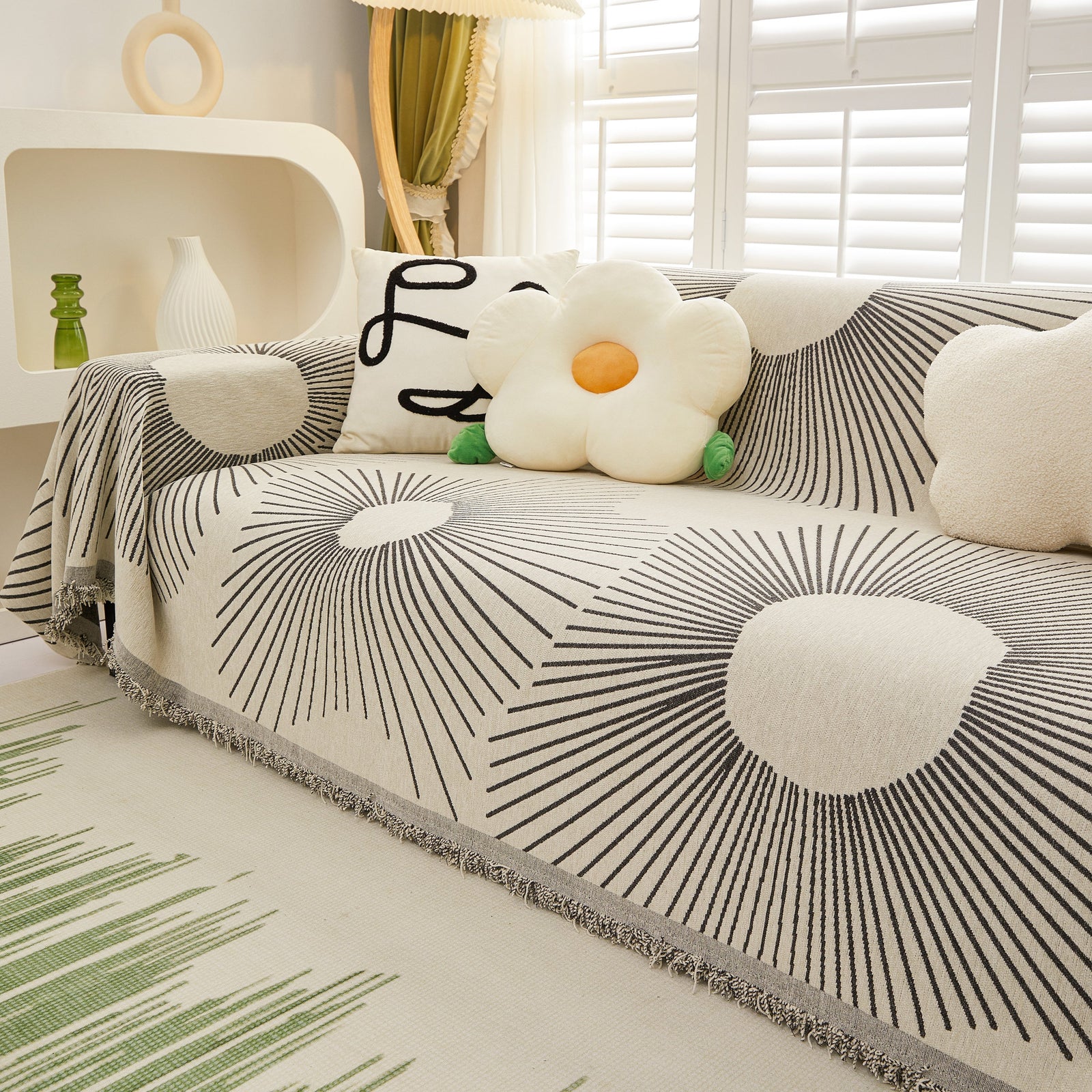 Geometric Radial Striped L-Shape Sofa Cover: Thick, Reversible Furniture Blanket for Kids and Pets
