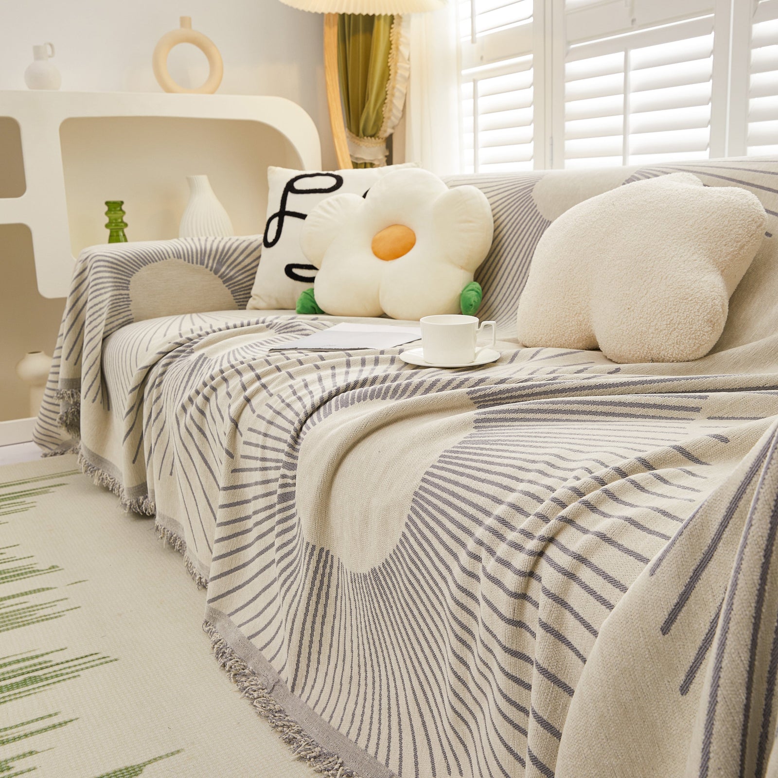 Geometric Radial Striped L-Shape Sofa Cover: Thick, Reversible Furniture Blanket for Kids and Pets
