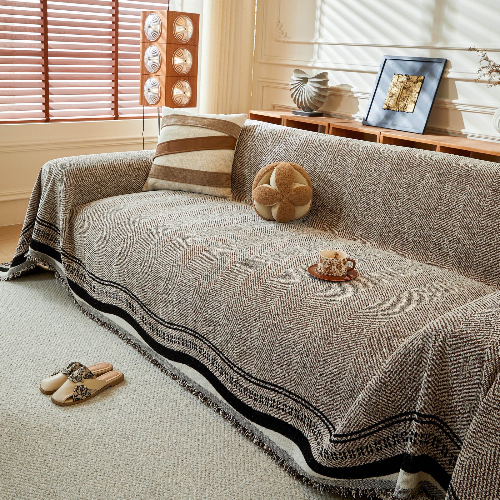 Reversible Herringbone Sofa Cover, 2-in-1 Classic British Throw Blanket for Couch