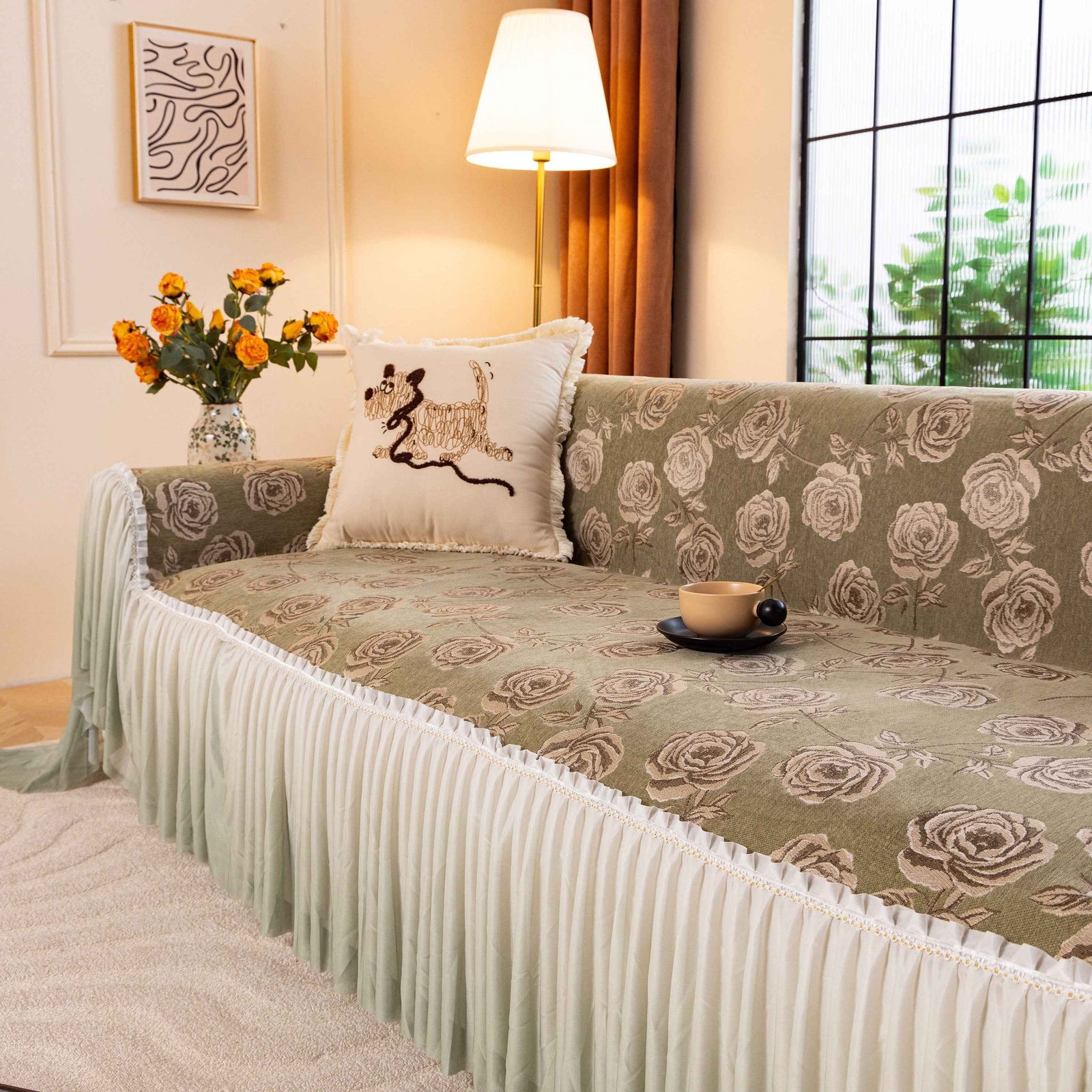 French Country Floral Sofa Cover with Ruffled Skirt, Farmhouse Decor for Living Room