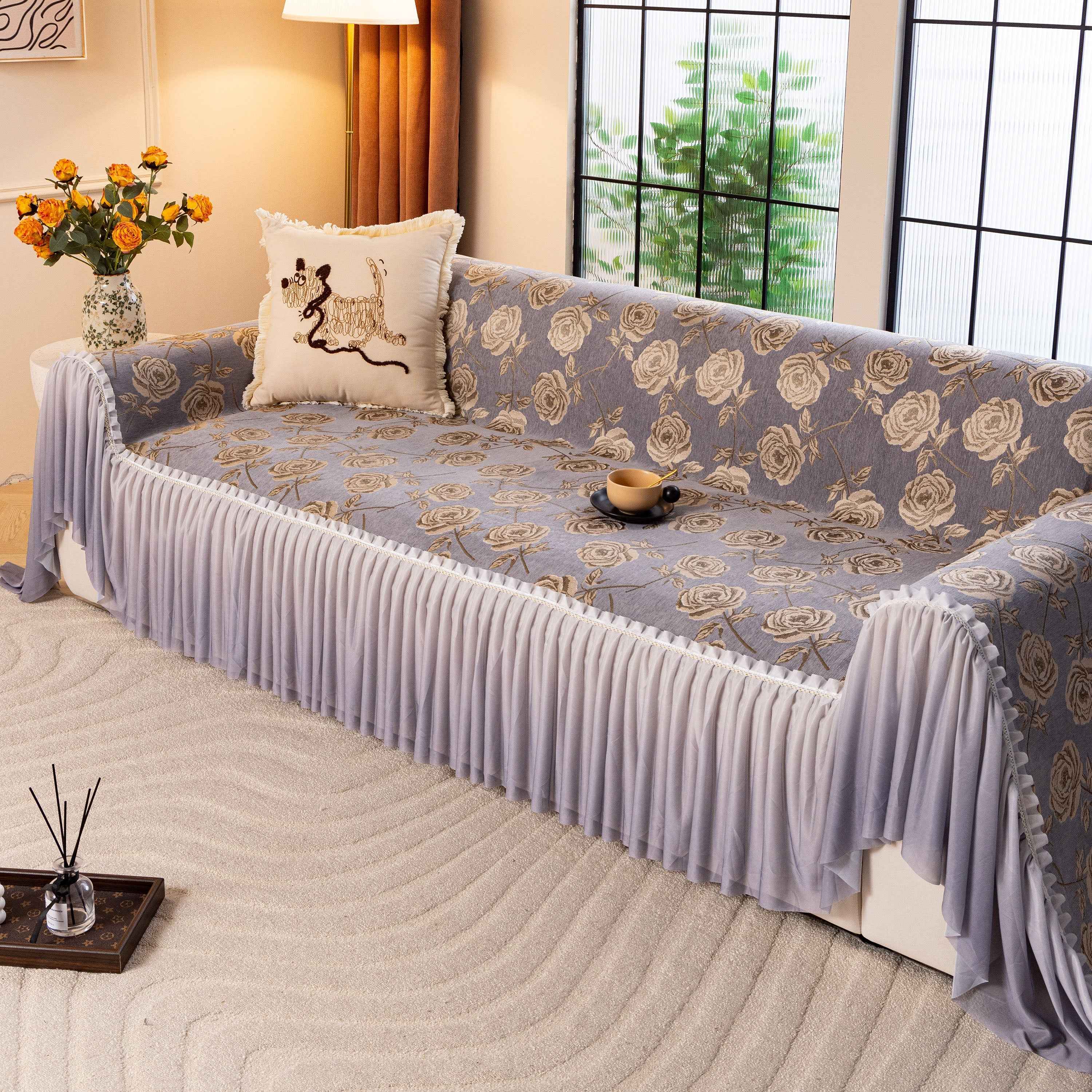 French Country Floral Sofa Cover with Ruffled Skirt, Farmhouse Decor for Living Room