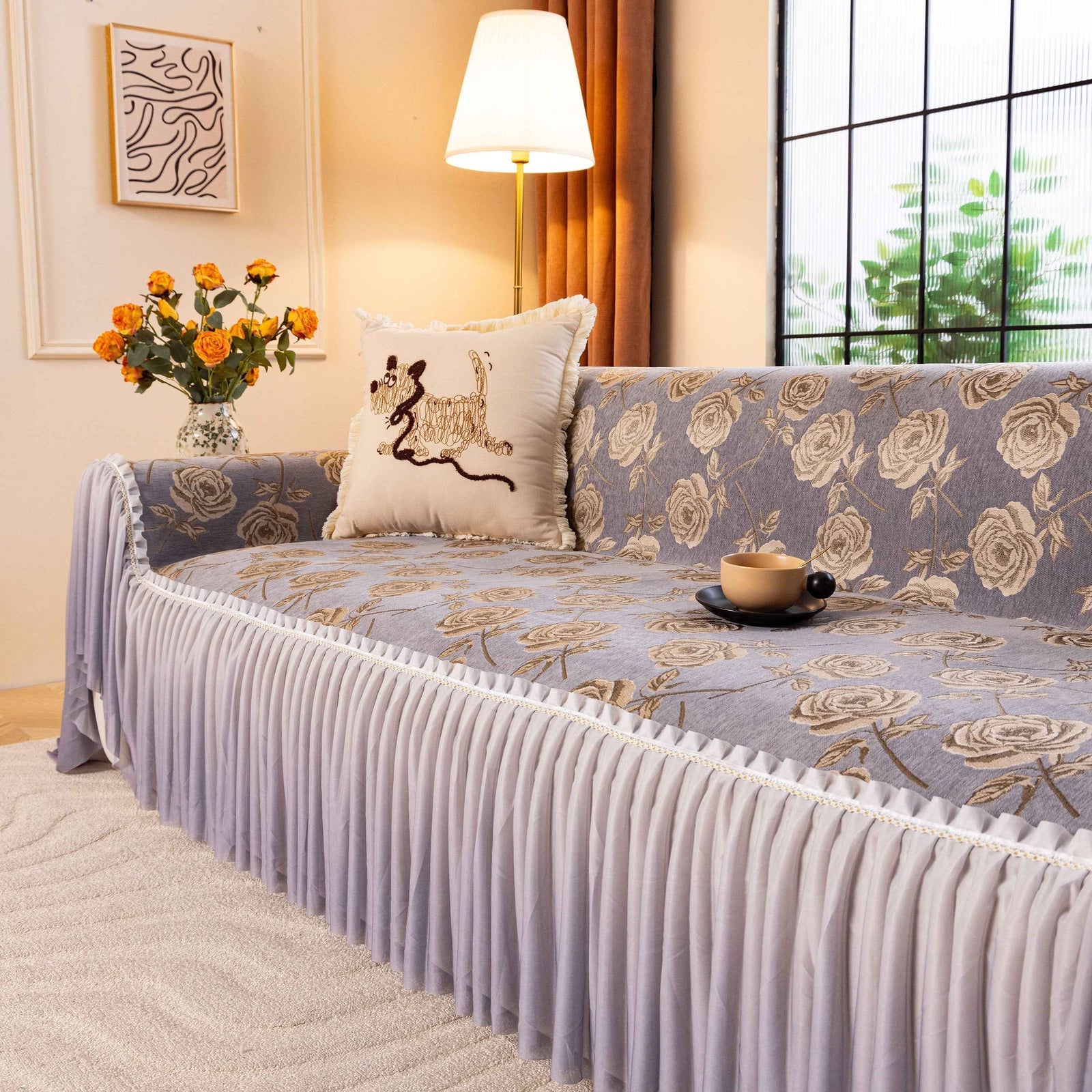 French Country Floral Sofa Cover with Ruffled Skirt, Farmhouse Decor for Living Room