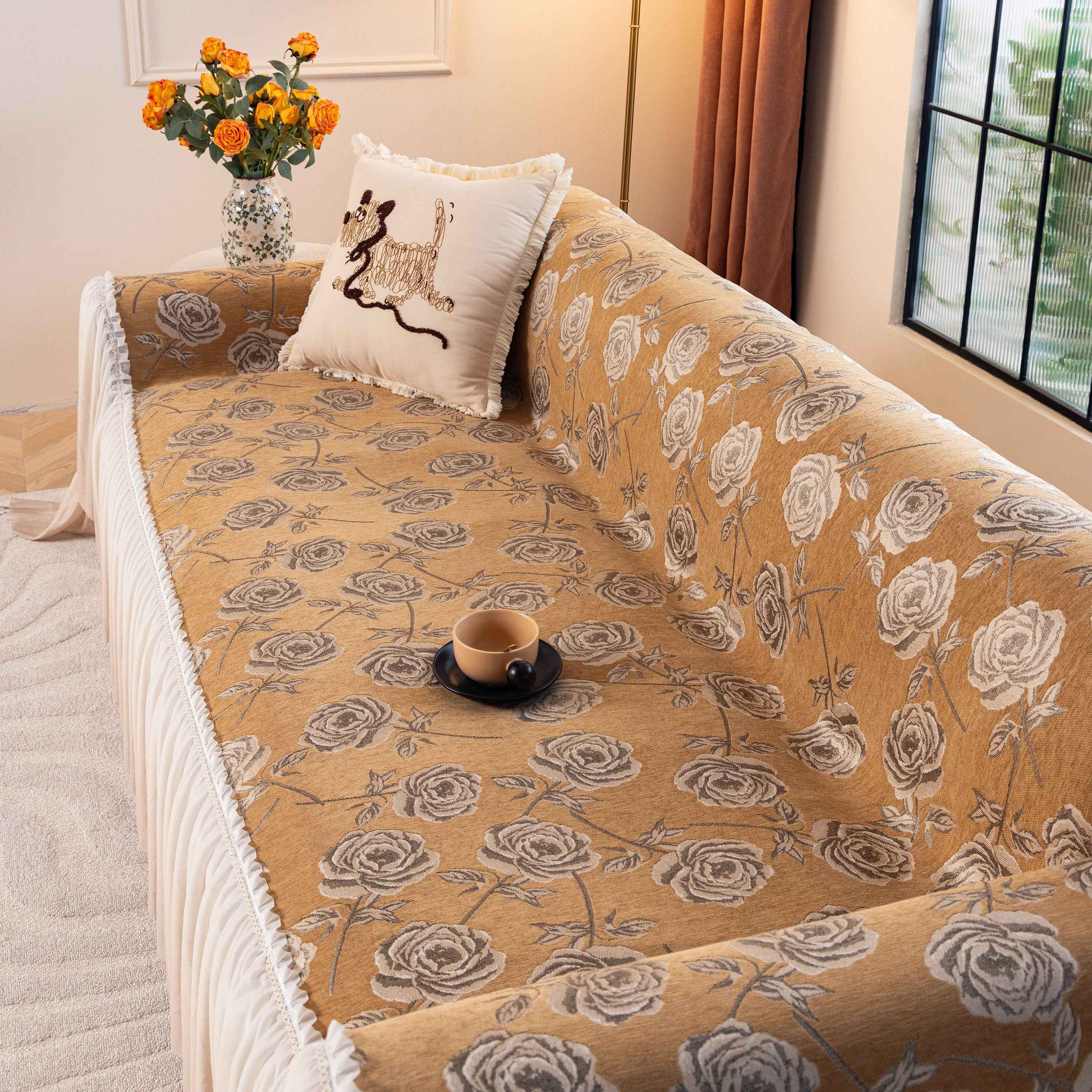 French Country Floral Sofa Cover with Ruffled Skirt, Farmhouse Decor for Living Room