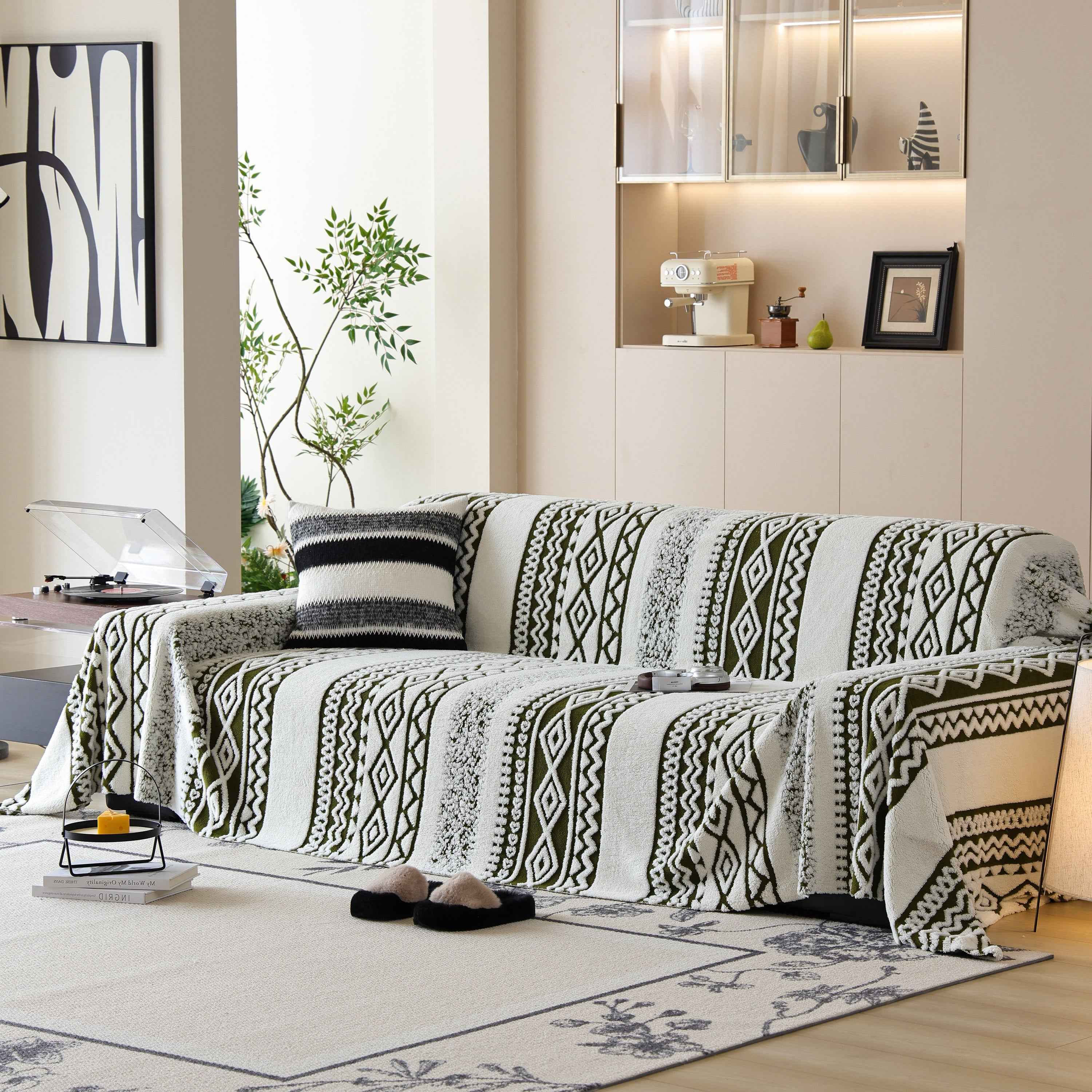 Bohemian Tufted Sofa Cover, Plush Fleece Throw Blanket with 3D Woven Aztec Stripes
