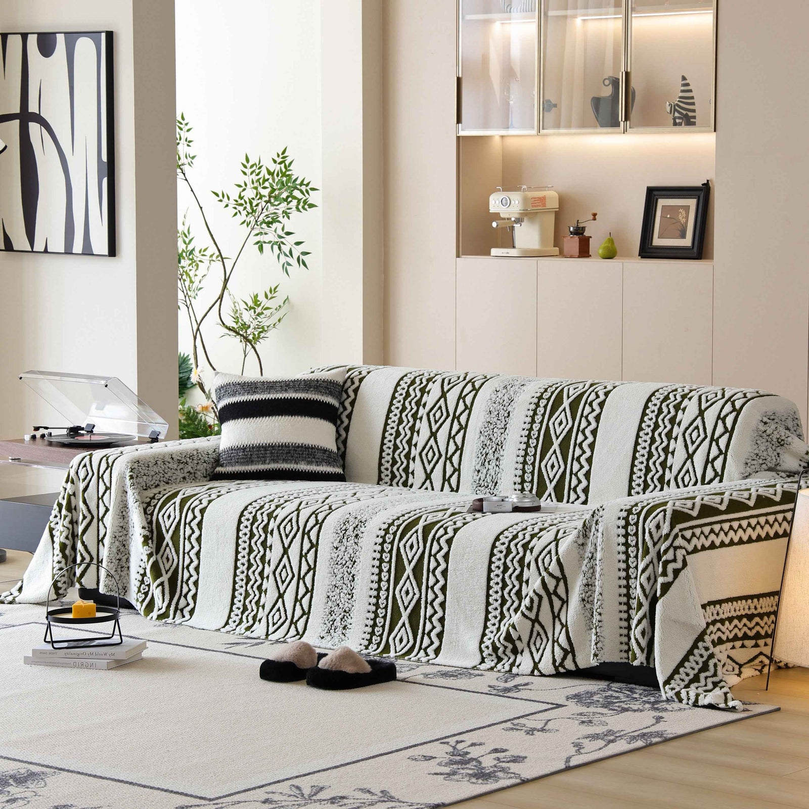 Bohemian Tufted Sofa Cover, Plush Fleece Throw Blanket with 3D Woven Aztec Stripes