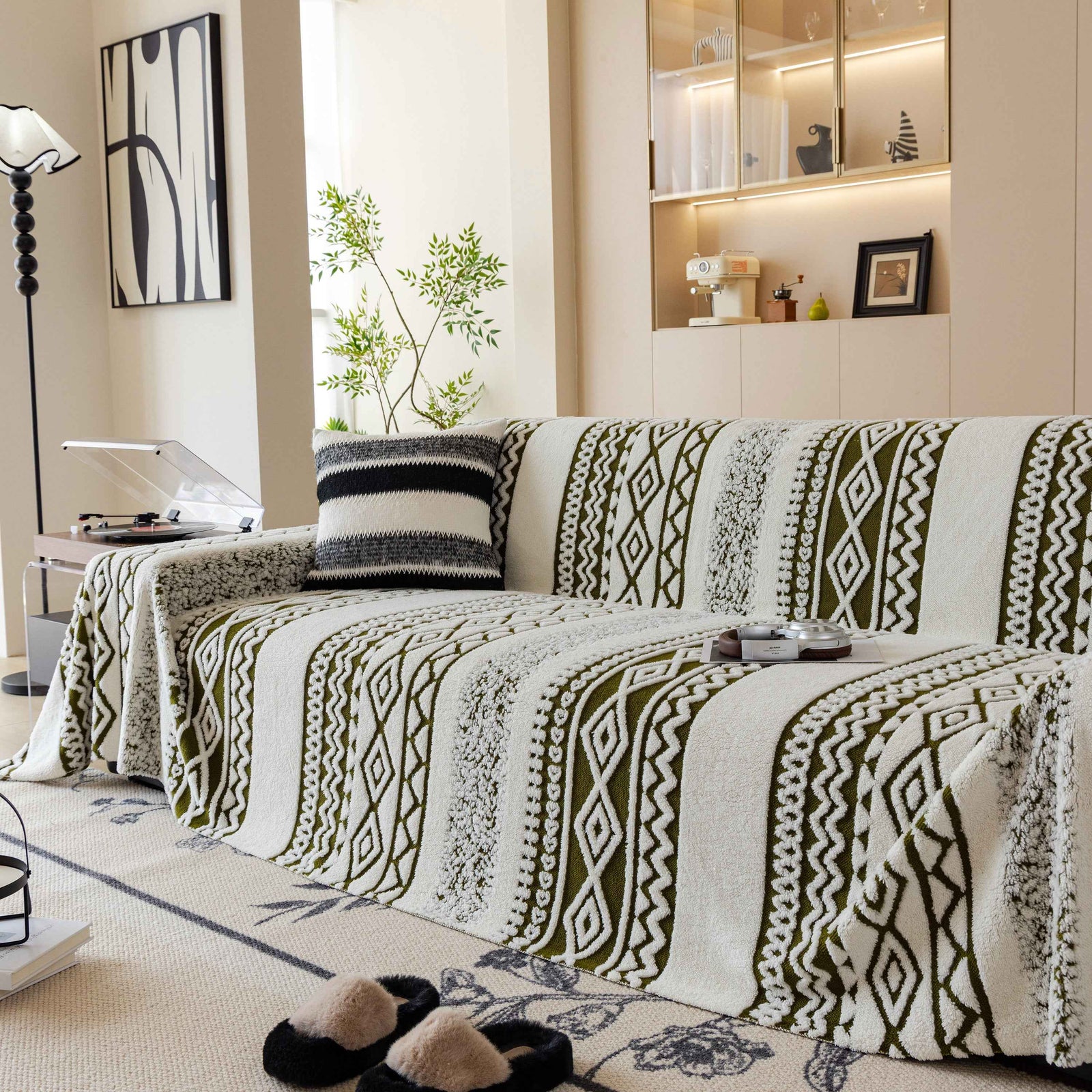 Bohemian Tufted Sofa Cover, Plush Fleece Throw Blanket with 3D Woven Aztec Stripes