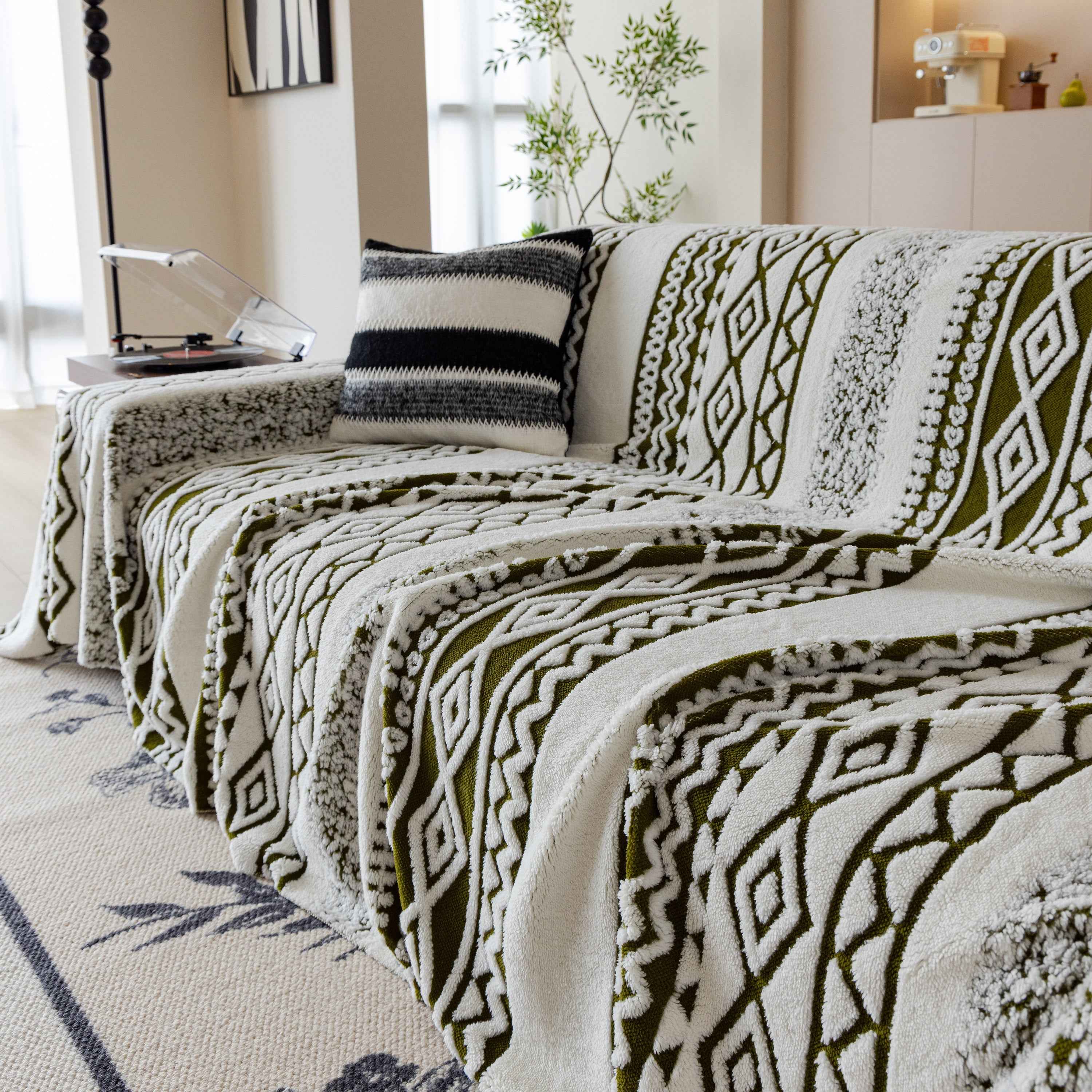 Bohemian Tufted Sofa Cover, Plush Fleece Throw Blanket with 3D Woven Aztec Stripes