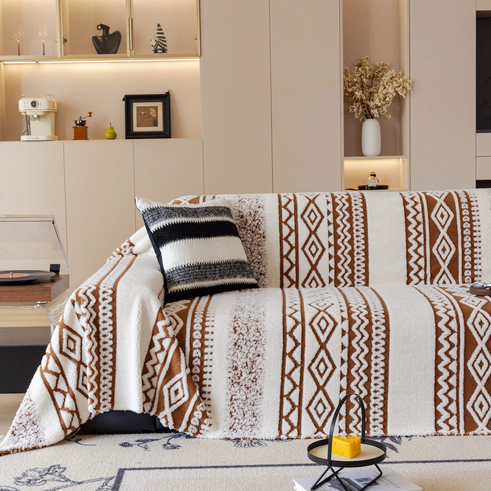 Bohemian Tufted Sofa Cover, Plush Fleece Throw Blanket with 3D Woven Aztec Stripes