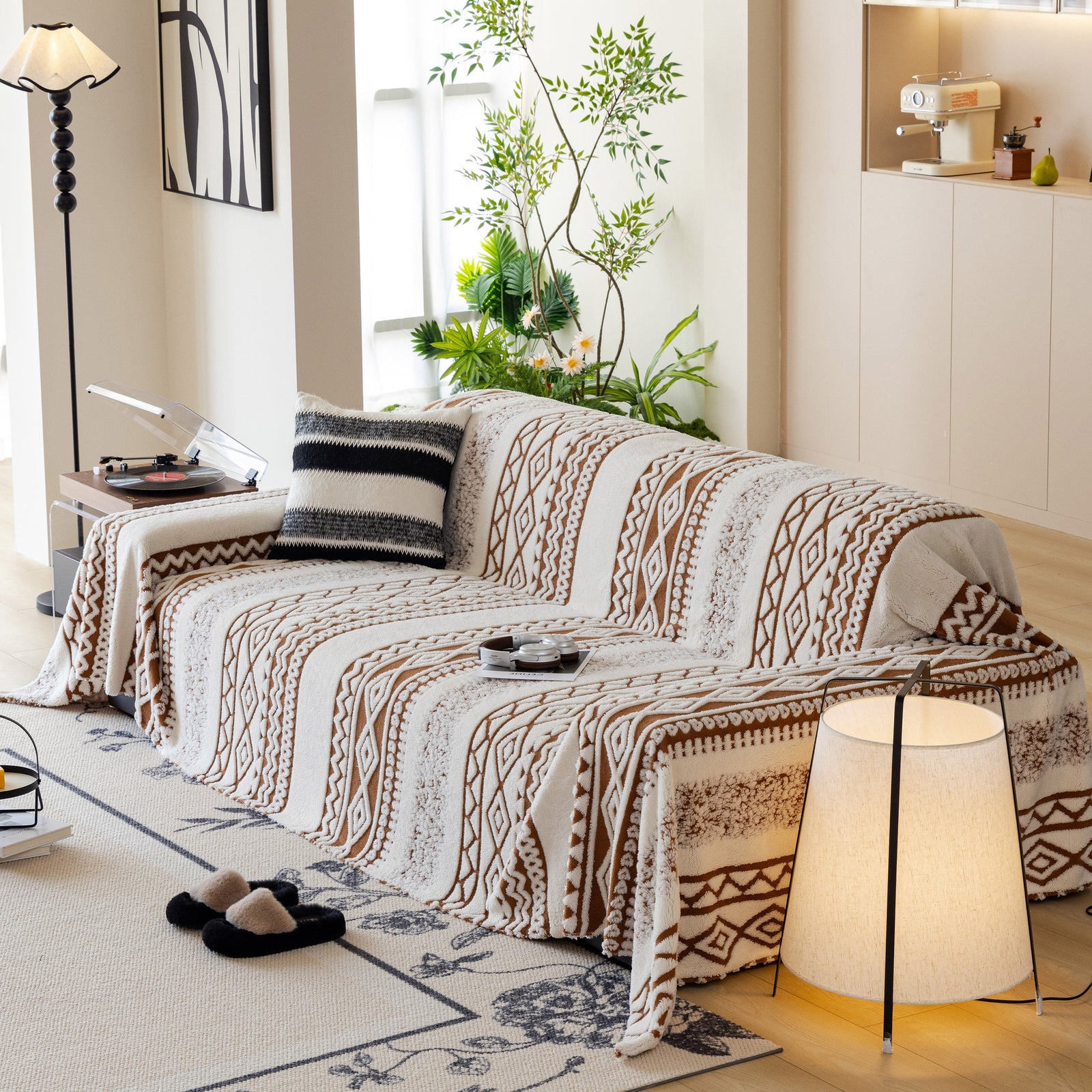 Bohemian Tufted Sofa Cover, Plush Fleece Throw Blanket with 3D Woven Aztec Stripes