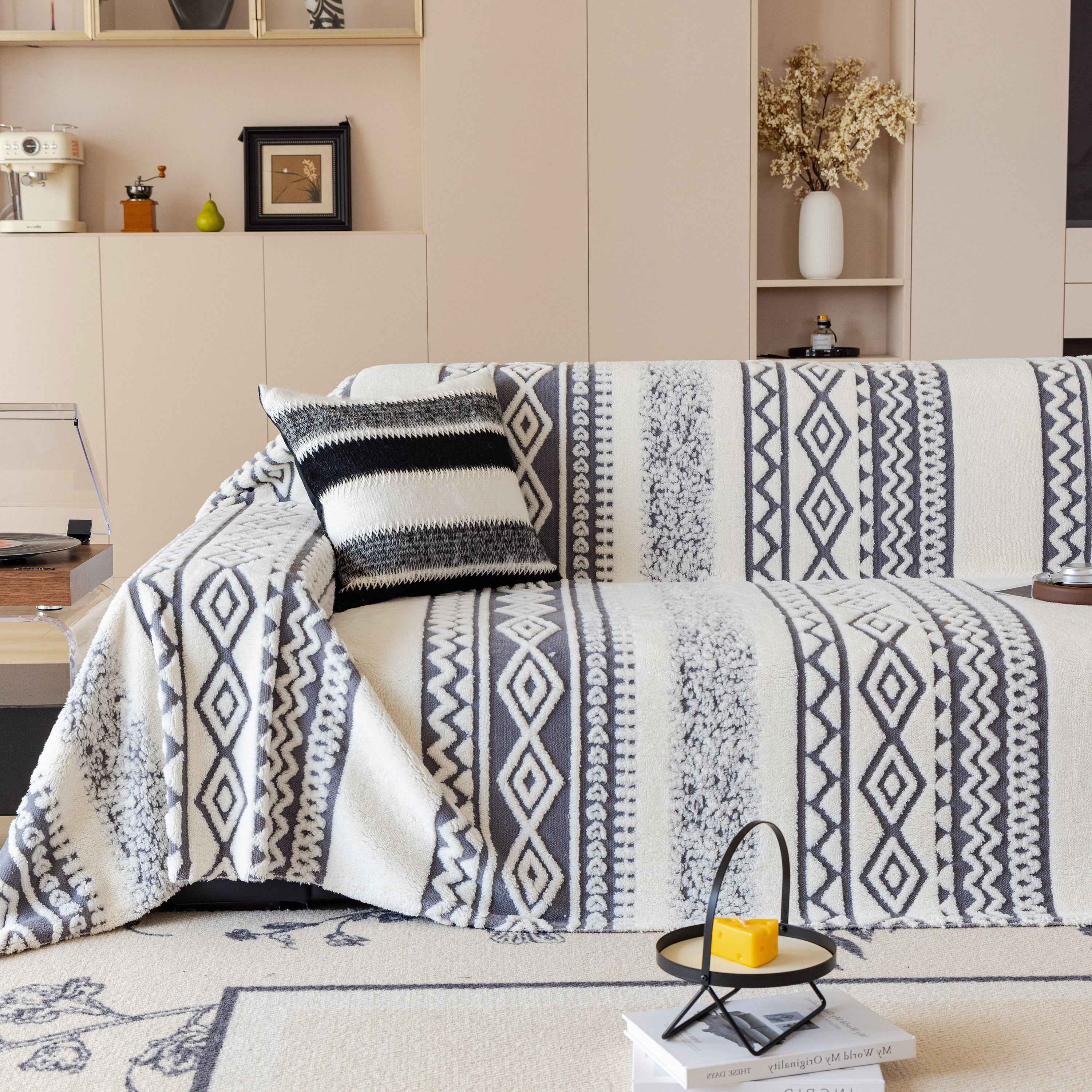 Bohemian Tufted Sofa Cover, Plush Fleece Throw Blanket with 3D Woven Aztec Stripes