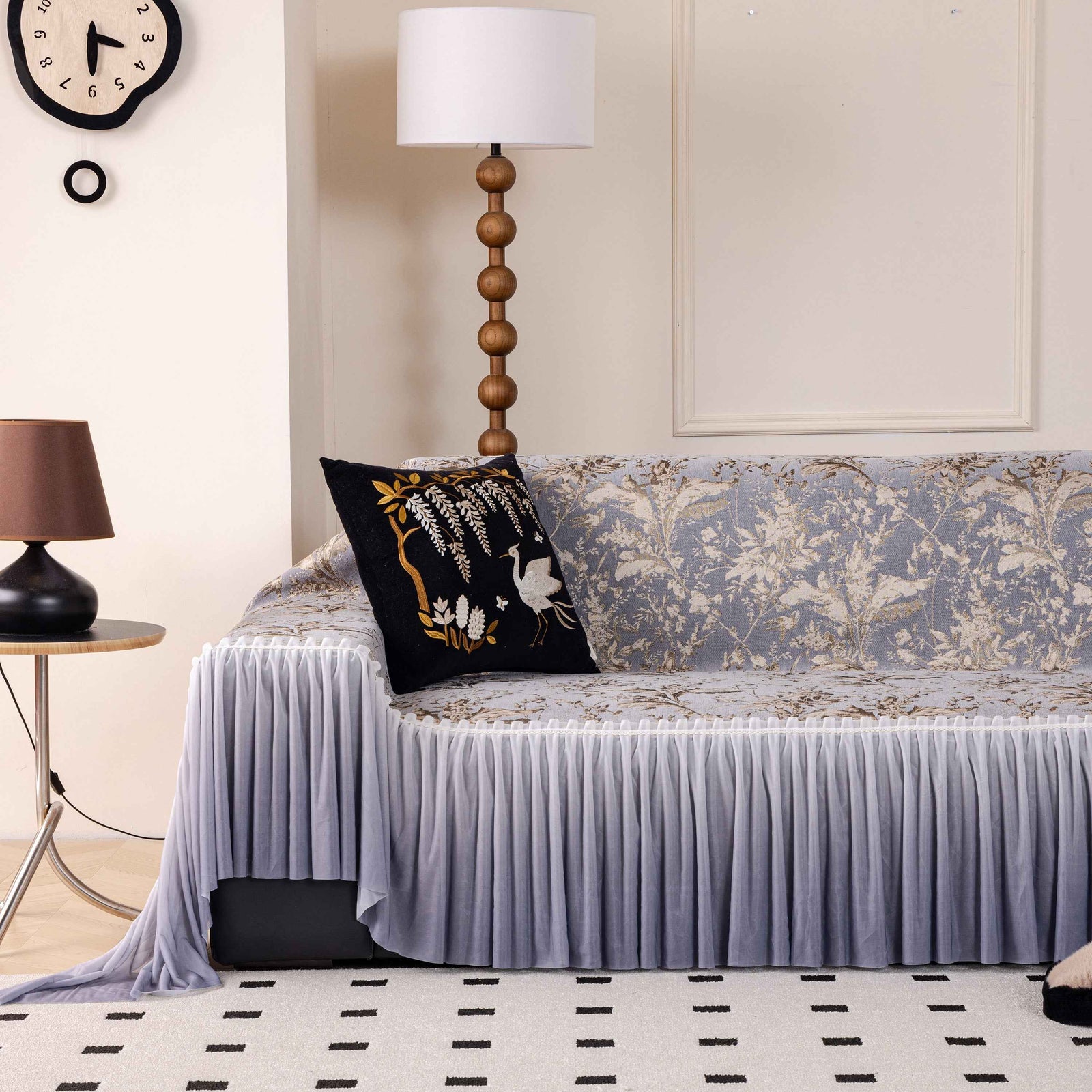 Elegant Botanical Sofa Cover with Pleated Tulle Skirt, Vintage Floral Couch Protector