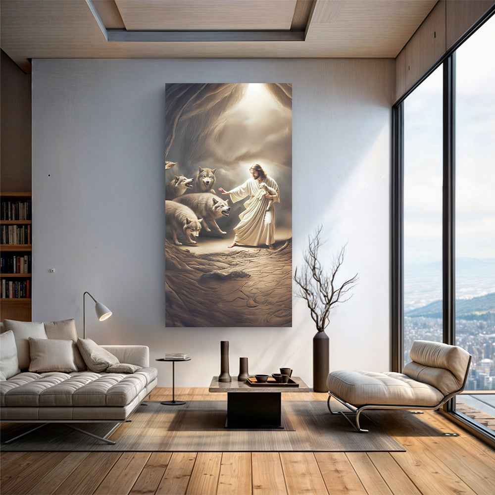 Jesus Protects The Lamb From Wolves Faith Wall Art VII