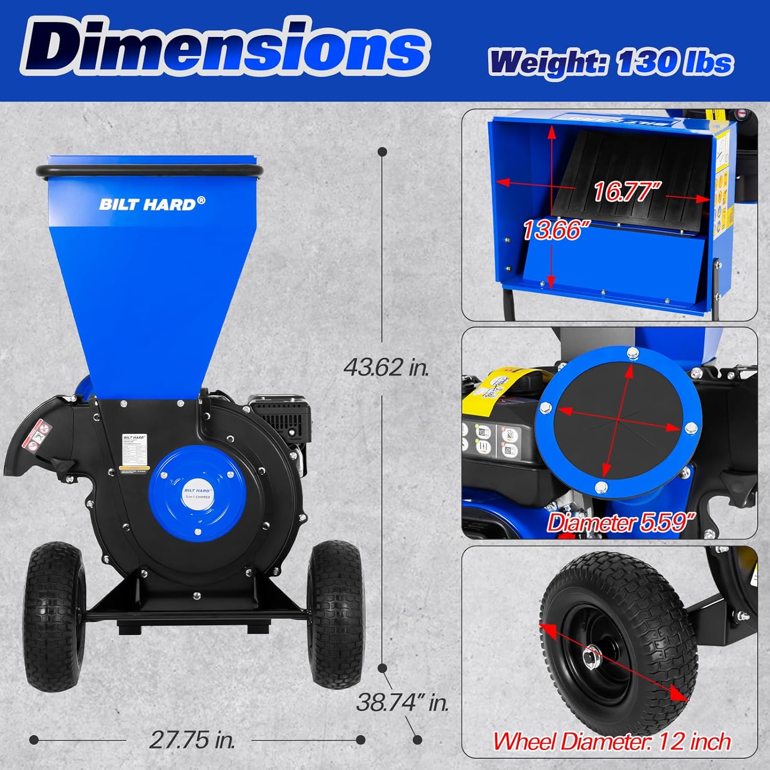 BILT HARD 224cc 7.5hp Gas Powered Wood Chipper with Tow Hitch