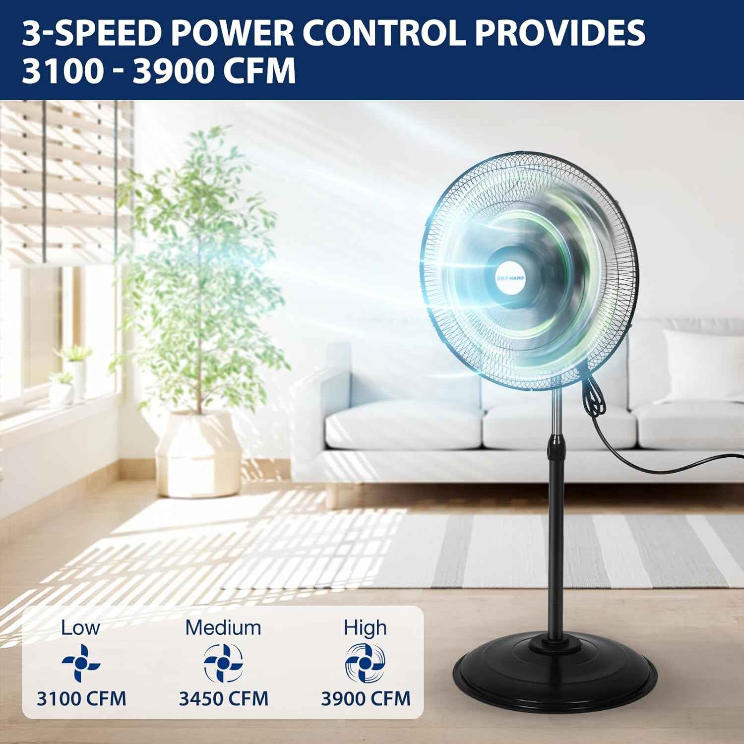 BILT HARD 18" 3900 CFM Oscillating Pedestal Fan: High Velocity, 3-Speed Metal Shop Fan, UL Listed